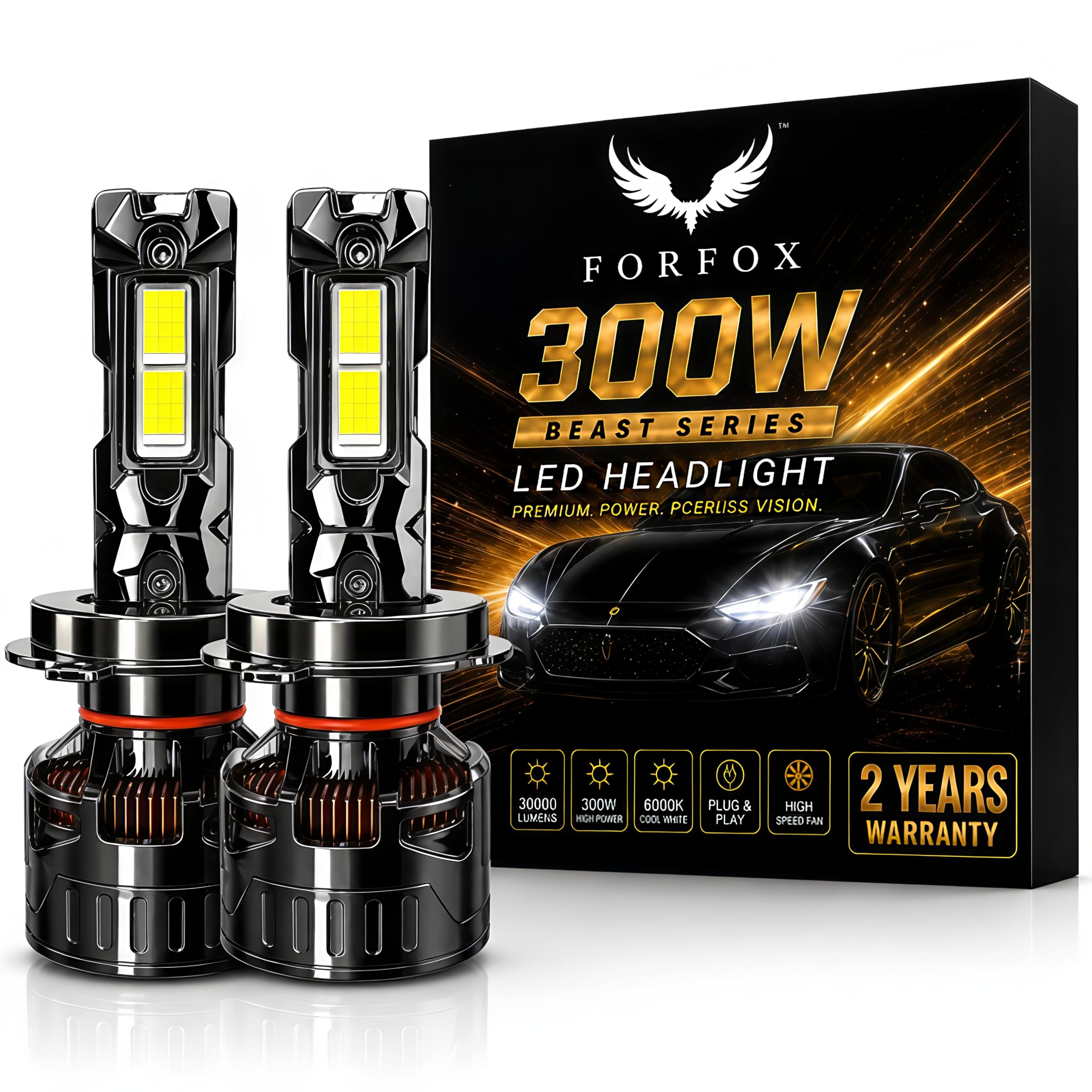 FORFOX 300W (H4/H19) LED Headlight Bulb for Cars | 30000 Lumens, 6000K Cool White | Plug & Play | IP68 Waterproof, High Power with Copper Cooling Technology | Pack of 2 | 2 Years Warranty-image-46