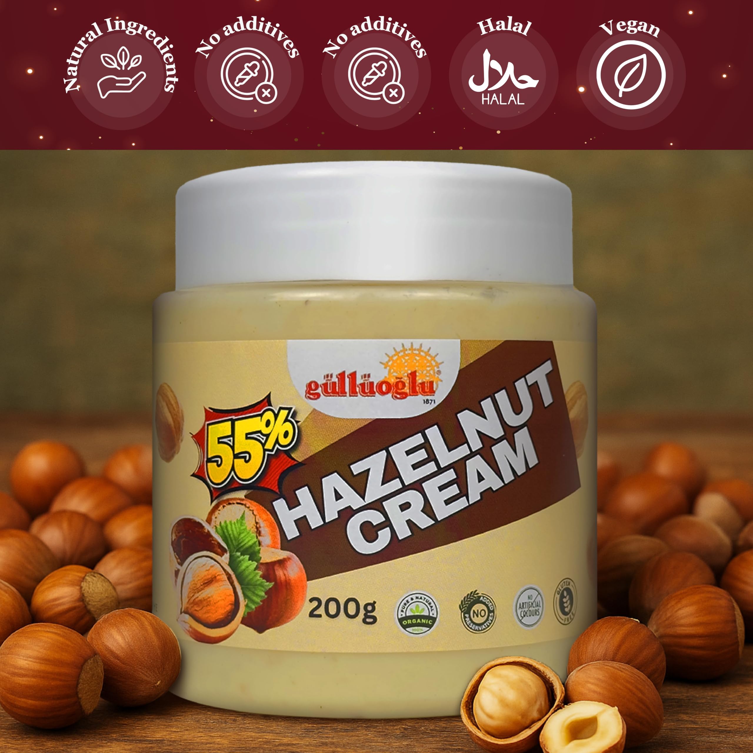 Gulluoglu Hazelnut Cream Premium Turkish Hazelnut Spread 7oz 200g All-Natural Rich Creamy No Palm Oil Traditional Turkish Dessert — view 4