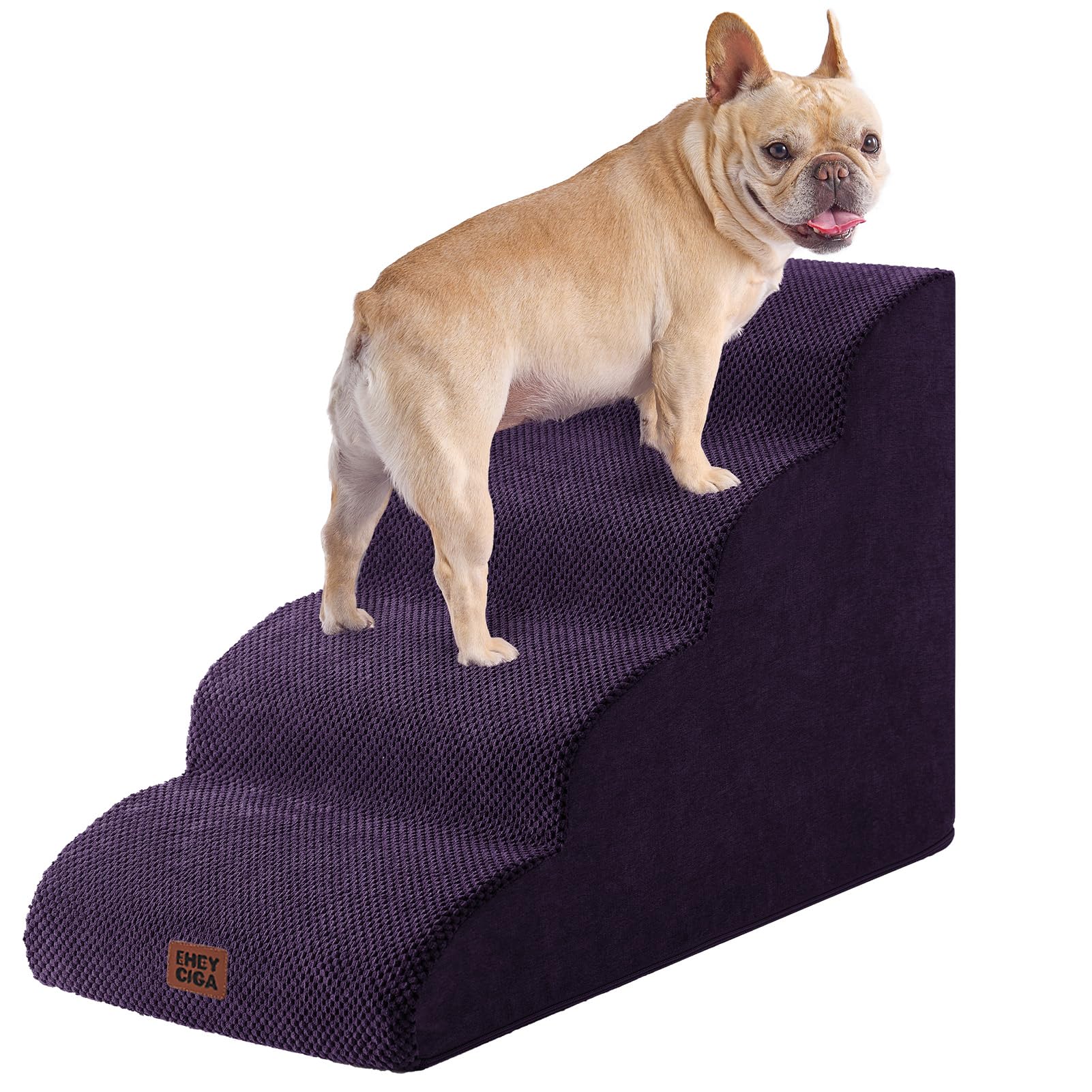 EHEYCIGA Curved Dog Steps for Bed, 4-Step Dog Stairs for Sofa, High Density Foam Pet Steps for Small Dogs & Cats, Pet Stairs for High Bed, Non-Slip Dog Ramp with Washable Cover, 72x40x50cm, Purple — image 1