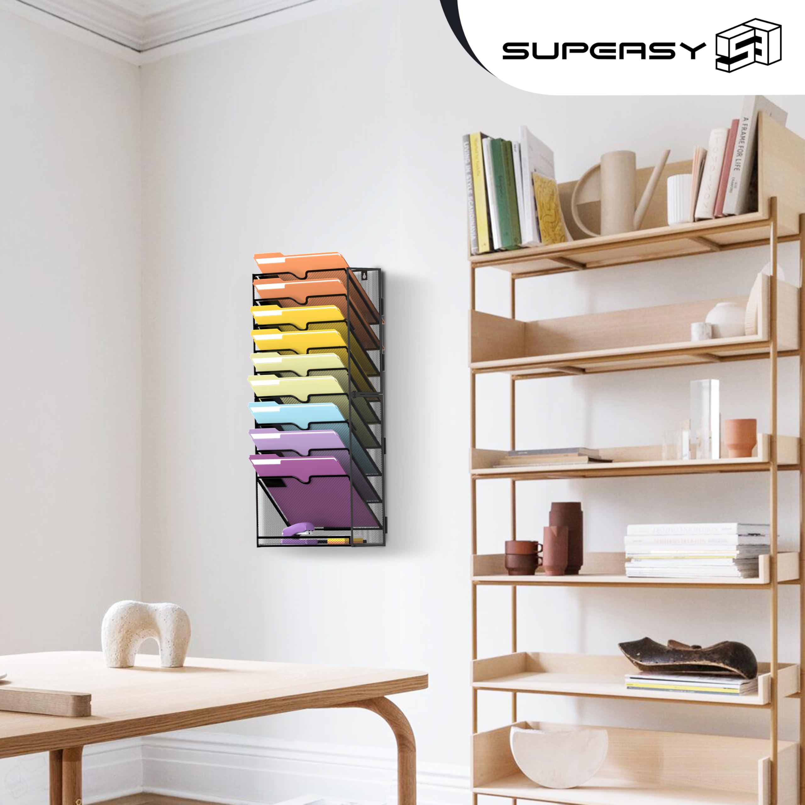 SUPEASY Organizer da parete a 10 ripiani per documenti, cartelle, cartelle, appunti e riviste, ideale per ufficio e casa, nero
