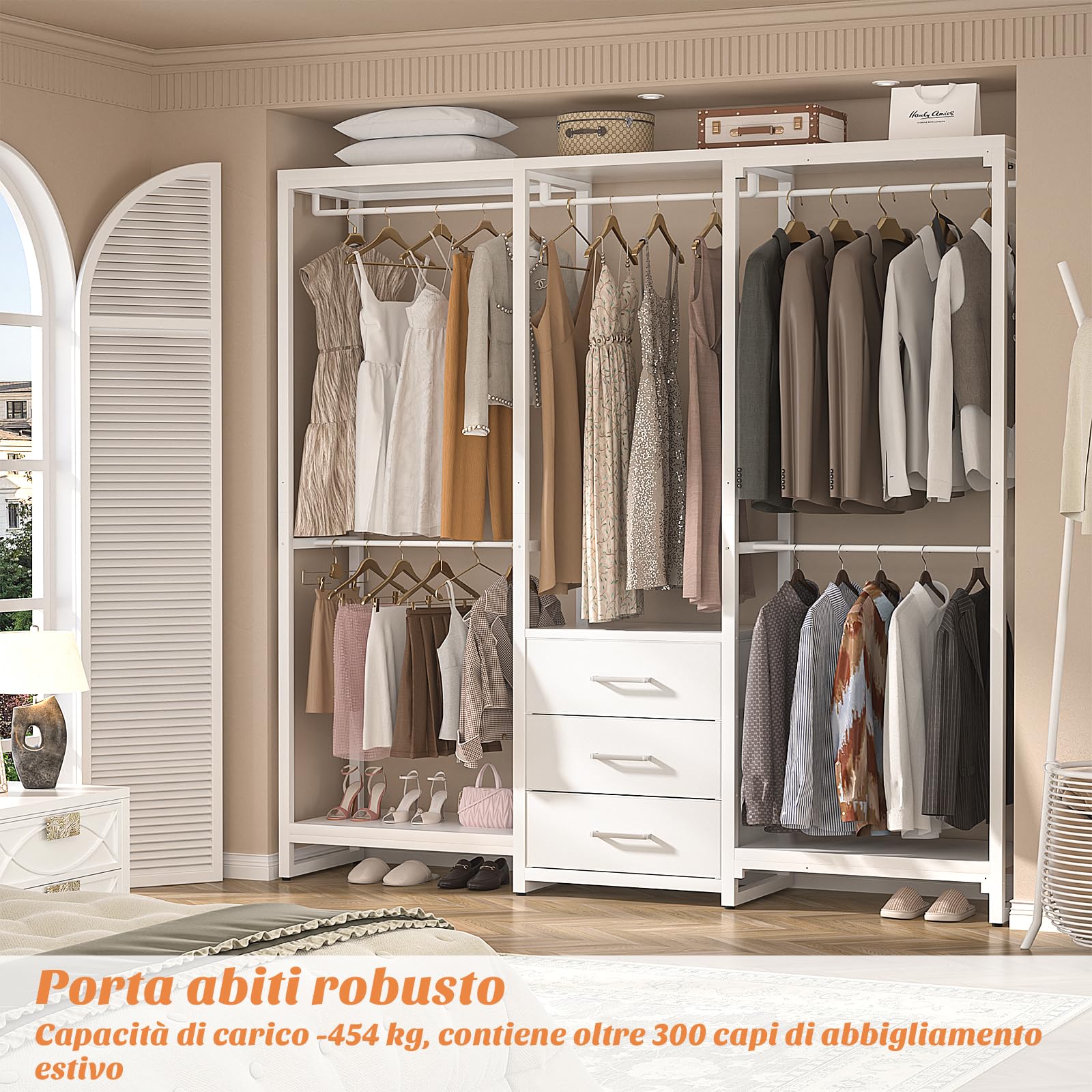iSunirm Armadio Aperto con aste Appendiabiti, cassetti, Guardaroba Indipendente, Sistema di organizzazione per armadi Resistenti, Bianco
