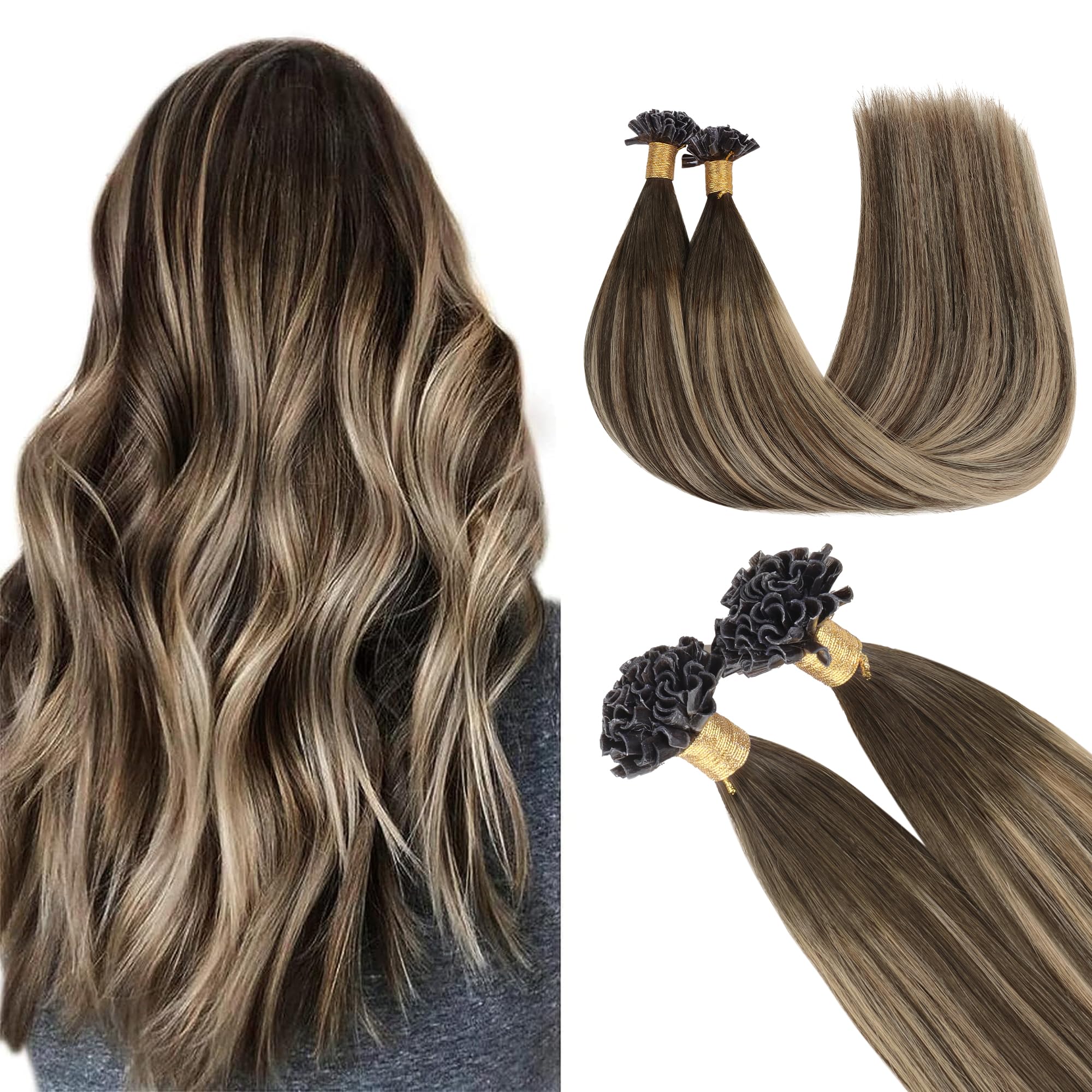 GOO GOO U Tip Hair Extensions Real Human Hair,Balayage Chocolate Brown to Honey Blonde 50g 14inch 50 Strands Hot Fusion Keratin Hair Extensions