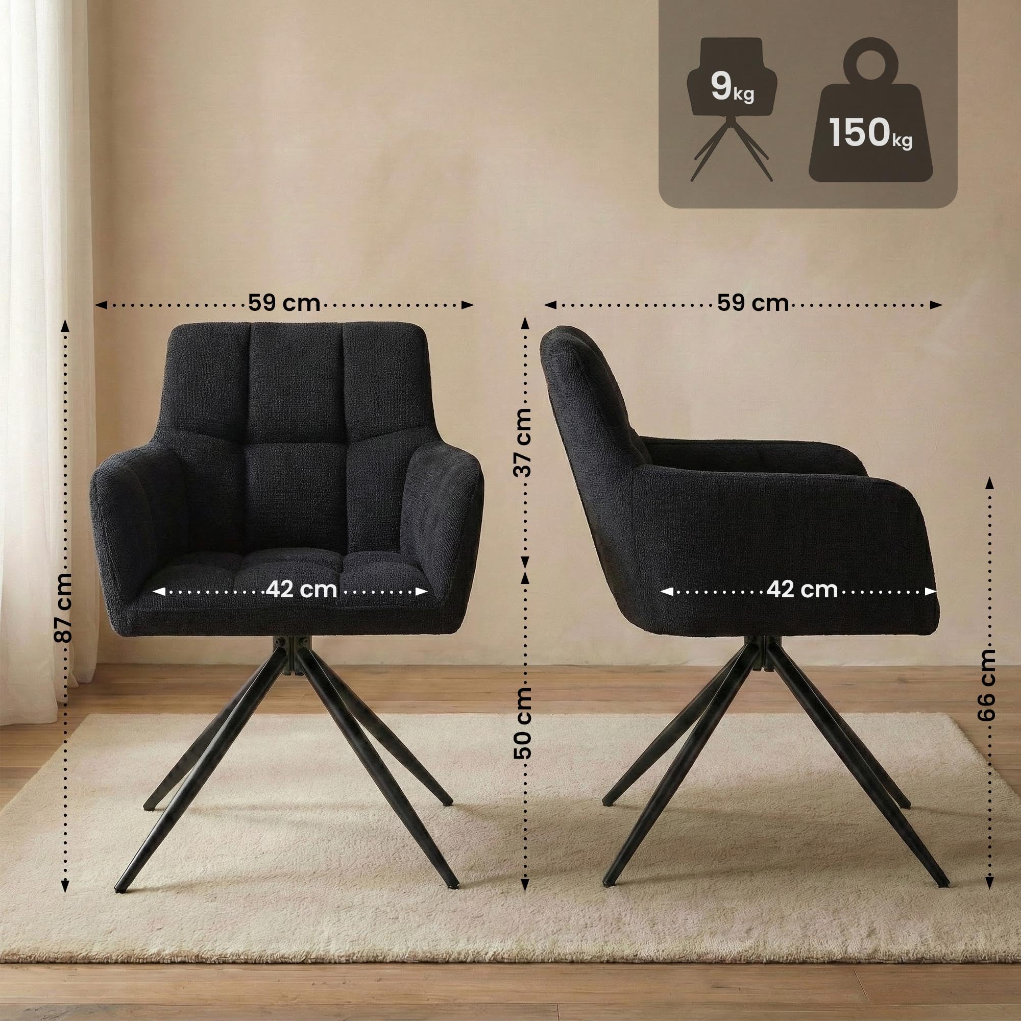 CLP Silla de Comedor Jonah, sillón Giratorio con reposabrazos, Mecanismo de Retorno automático 180°, tapizado en Tela fácil de Limpiar Color:Negro