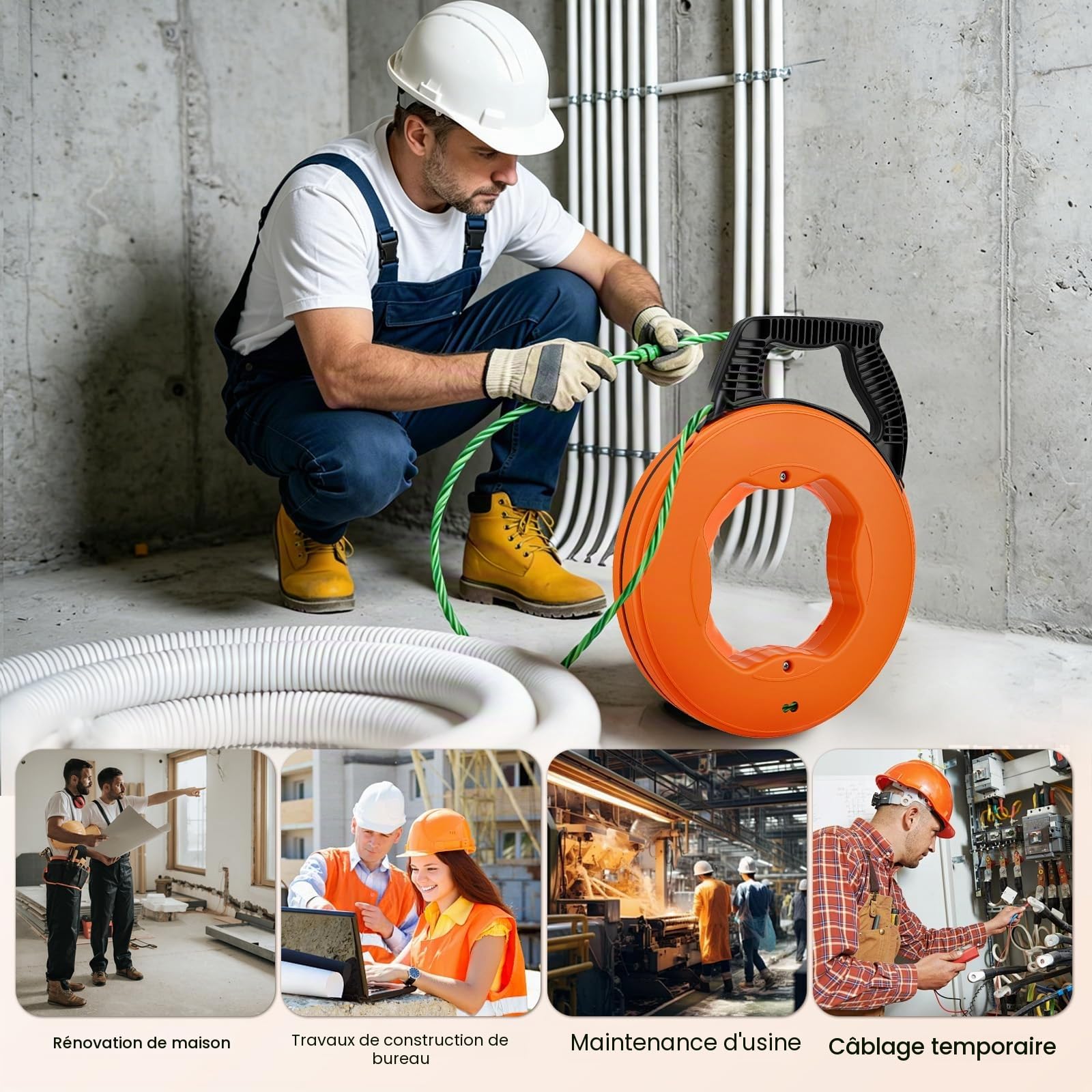 Aiguille Electricien 50m,4,5mm Tire Fils Electrique,Avec 1 Tire-Câble,2 Faisceaux De Câbles,Boîte De Rangement,Tire Câble Électrique Pour Câbles Et Travaux Électriques,Orange