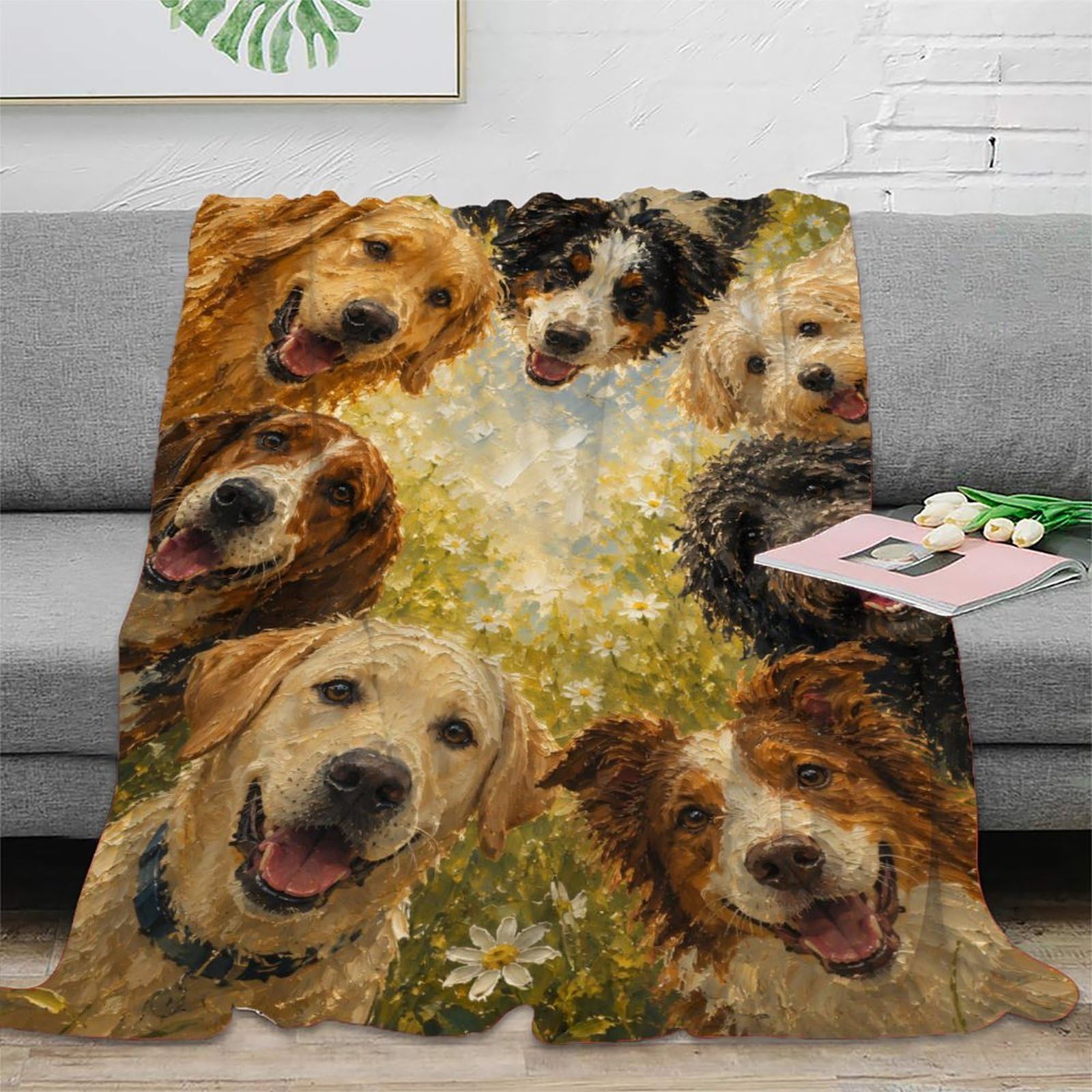 W7C8U2X3 Happy Dogs Floral Blanket, Flannel, Office, Whimsical Dog Art