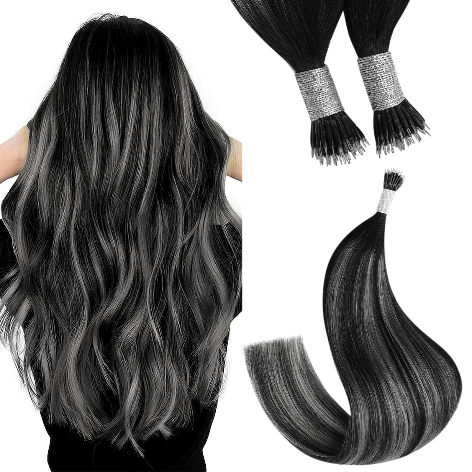 YoungSee Nano Hair Extensions Real Human Hair Black 24inch Nano Rings Hair Extensions Ombre Black to Silver Nano Loop Extensions for Wedding 50g Add Length Long Straight 50s Cold Fusion