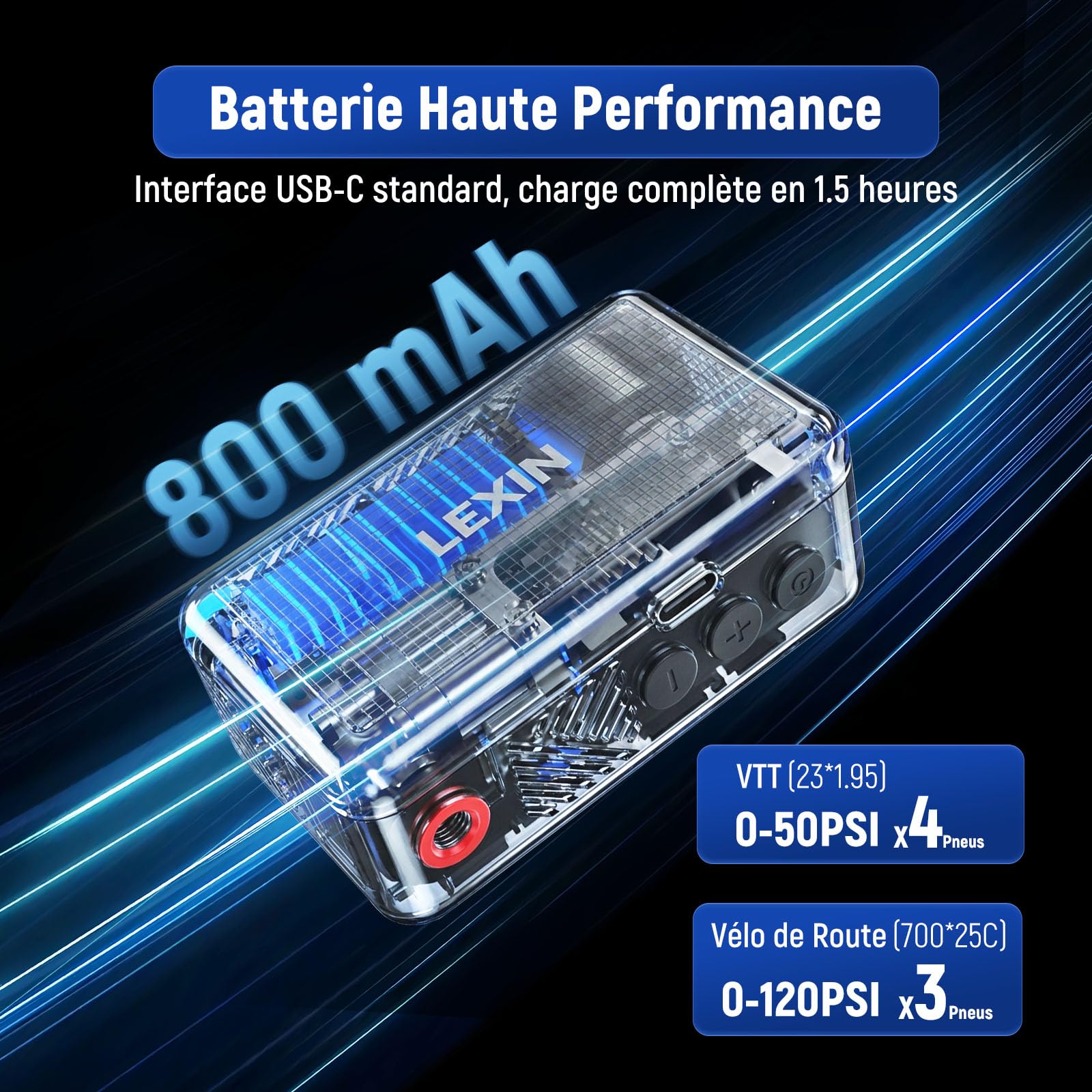 LEXIN P2 Mini Pompe à Vélo, Compresseur d'air Portatif 130PSI, Gonfleur Électrique de Pneus sans Fil avec l'Écran LCD, Portable, Légère， Puissance 700mAh, Pompe de Pneu pour Vélo/Moto/Balle/Scooter