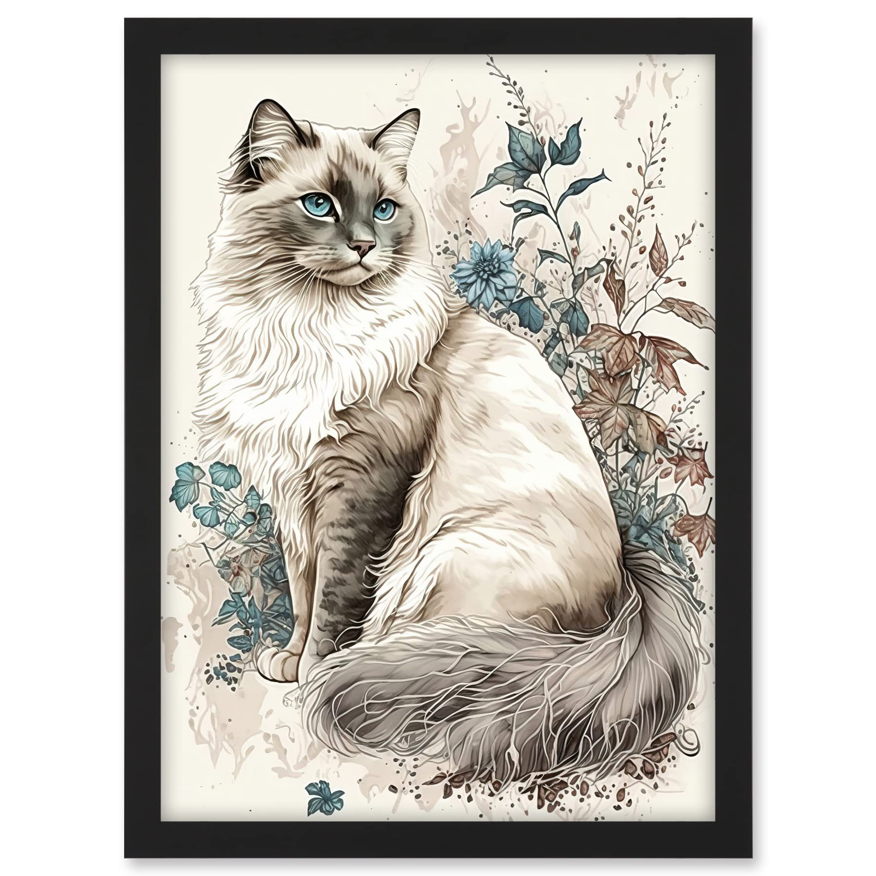 Artery8 Blue Point Ragdoll Cat with Flowers Watercolour Illustration Artwork Framed A3 Wall Art Print