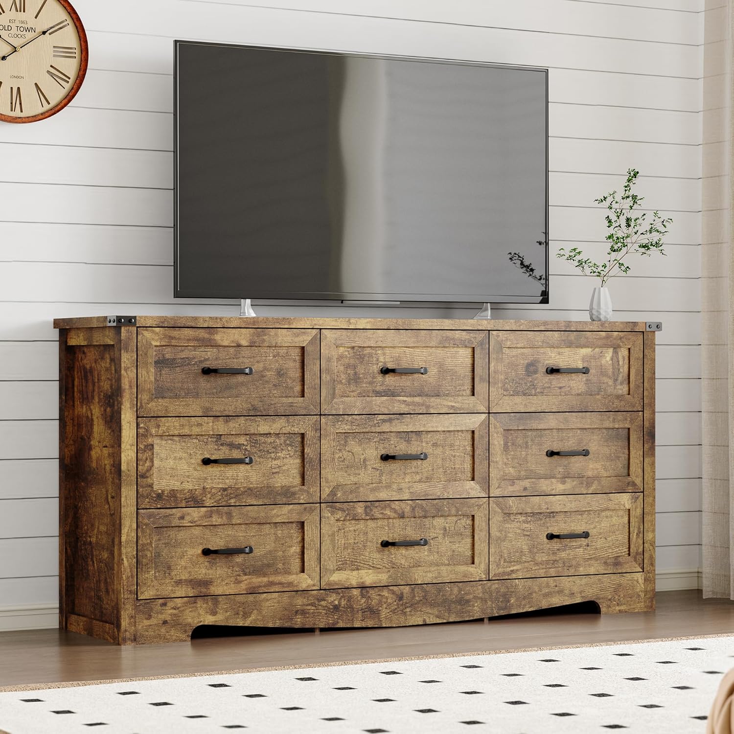 BORNOON 9-Drawer Dresser for Bedroom, Modern Wooden Chest of Drawers with Metal Handles, Anti-Tipping Design, Sturdy and Stable Storage Organizer for Living Room, Entryway, Home Office
