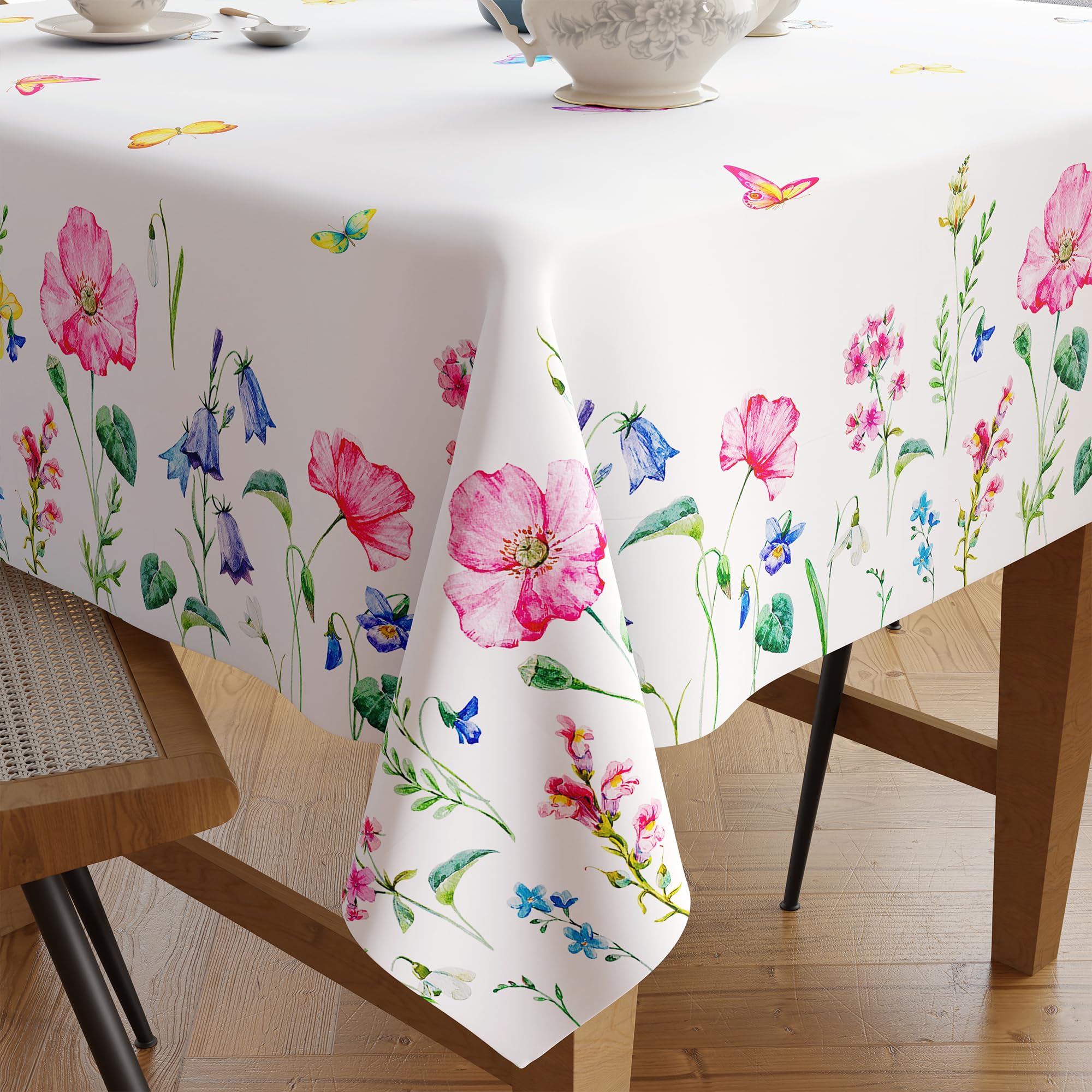 Encasa XO Dining Table Cover Cloth for 4 Seater | 140x140 cm Square Table Cloth | Water Repellent Polyester Tablecloth for Indoor & Outdoor Use - Pink Butterflies Digital Print