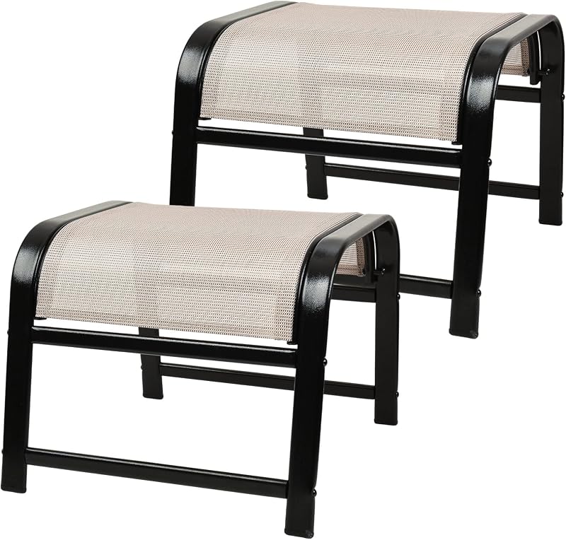 Patio Outdoor Footstool 2 Set, Sturdy Textile Stackable Ottoman Small Seat for Garden Beige