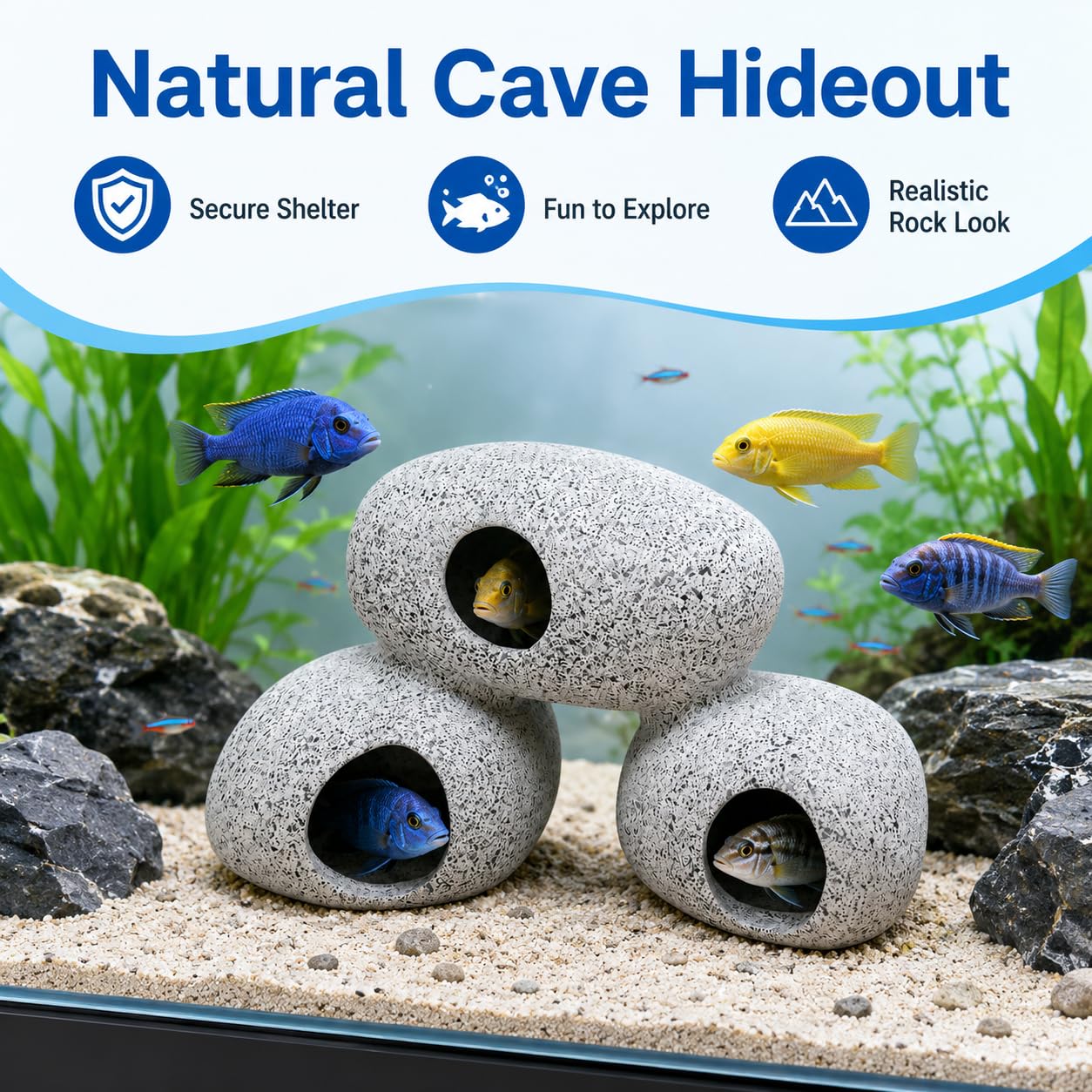 SLOCME Décoration de grottes rocheuses pour aquarium - Grottes rocheuses pour crevettes et cichlidés pour la cachette, la reproduction et le frai, les poissons peuvent nager à travers le trou de la