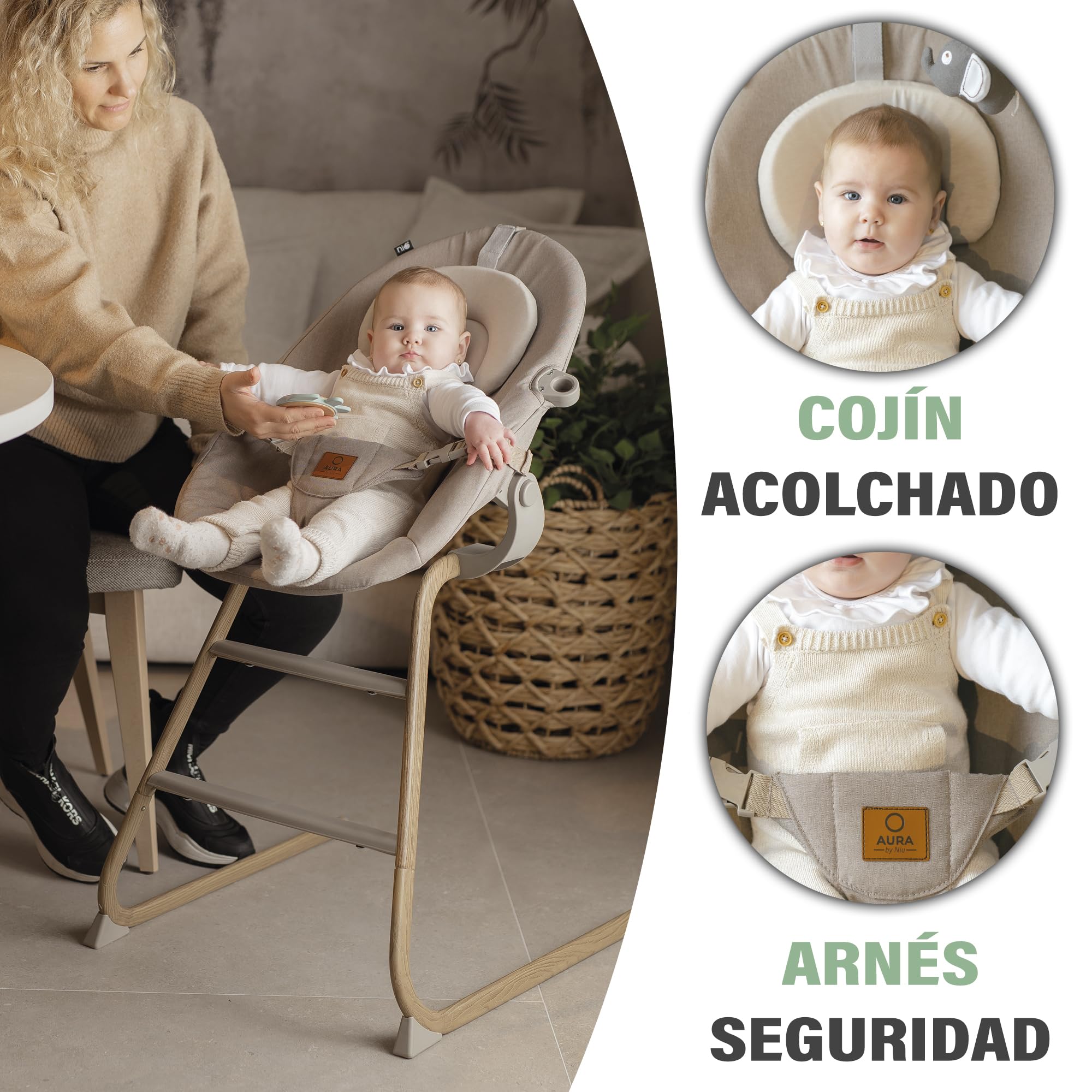 Olmitos - Trona bebé evolutiva 4 en 1 AURA regulable con hamaca alta, balancín, trona y silla alta – desde nacimiento 0+ hasta 12 años – silla infantil multifunción (Beige)