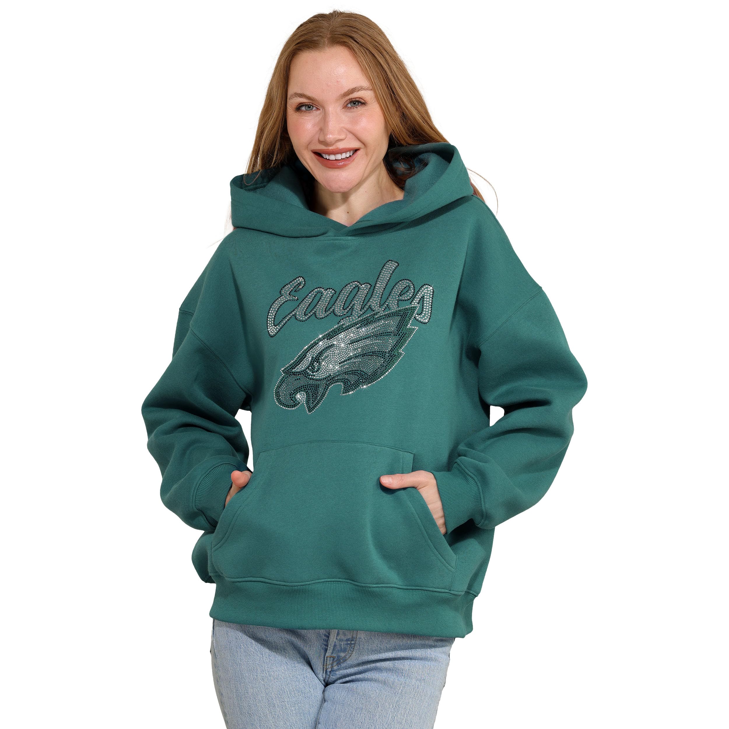 FOCO NFL womens Nfl Rhinestone Team Logo Oversized Oversized Hoodie Sweatshirt