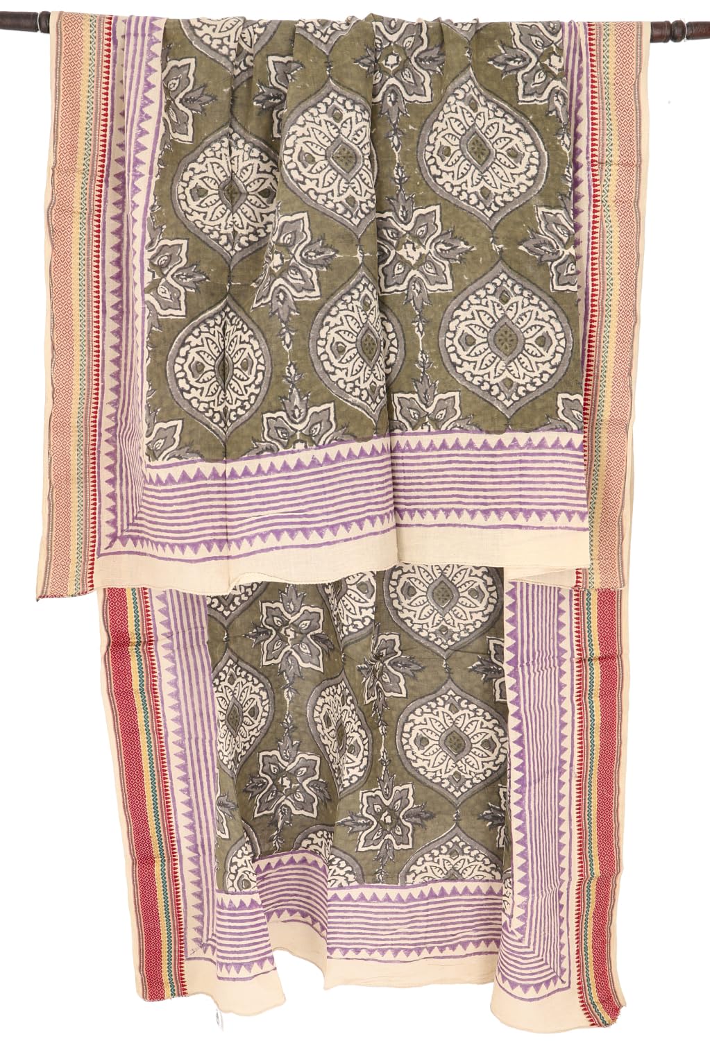 Pareo bufanda ligera de algodón estampada a mano 190x120 cm verde oliva rosa