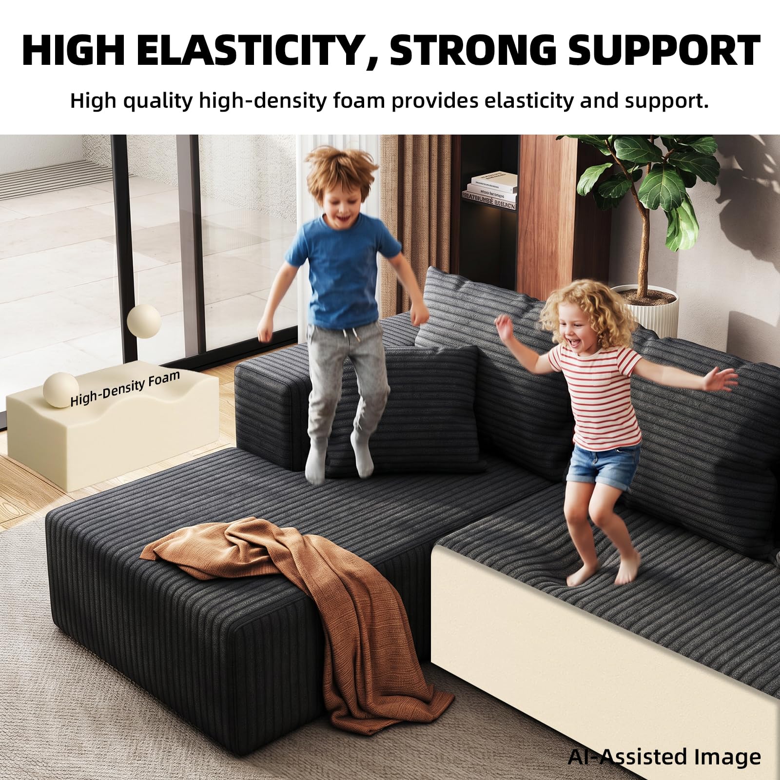 132" U Shaped Modular Boneless Sectional Couch, Corduroy Cloud Sofa | Oversized Sofa with Chaise, No Assembly Required, for Living Room, Black