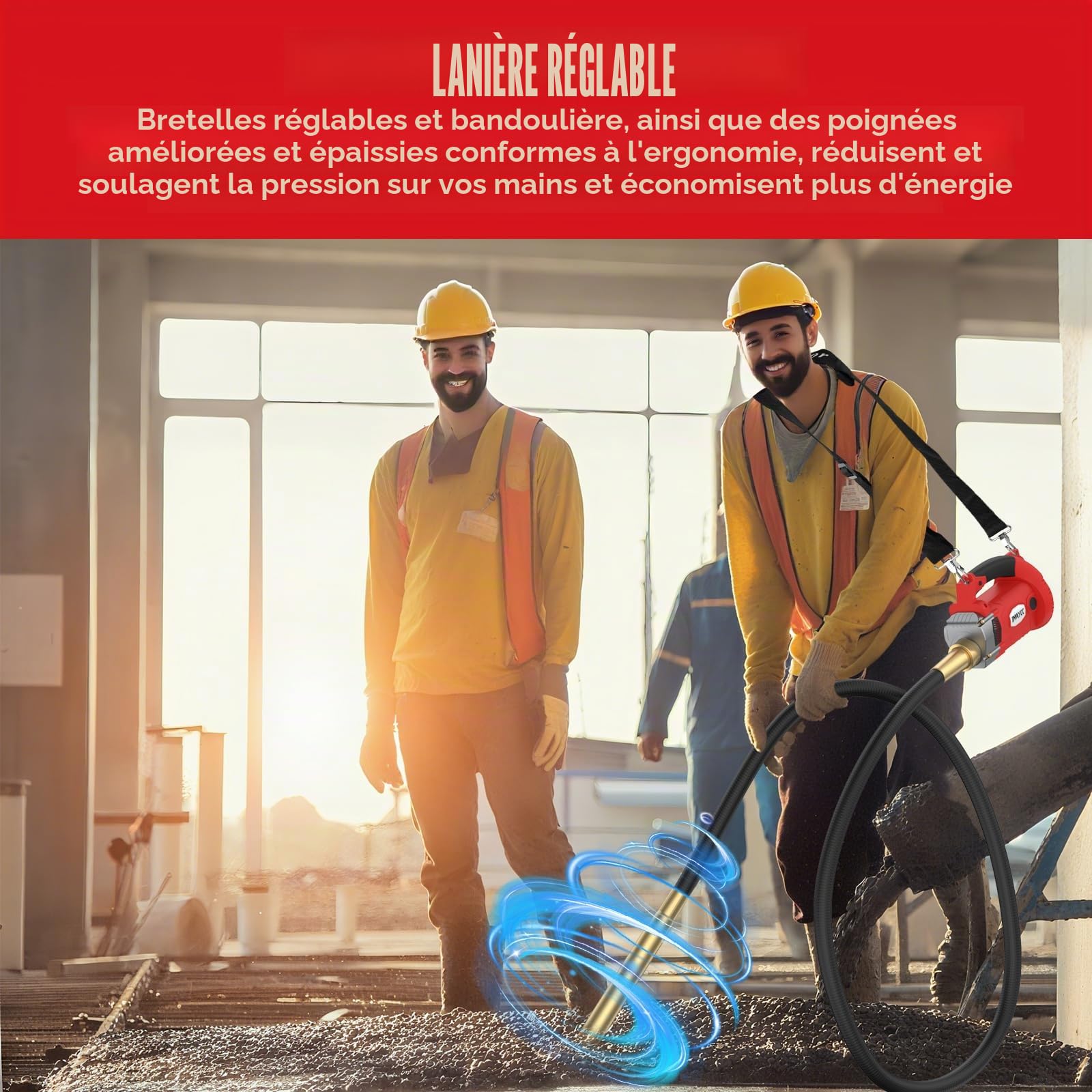 IMAYCC1600W Vibrateur en Béton avec Sangle de suspension réglable,Vibrateur de Construction Electrique 5000 tr/min,Longueur de Cuivre Tige Vibrante 2M,Diamètre de l'arbre de Vibration 38mm
