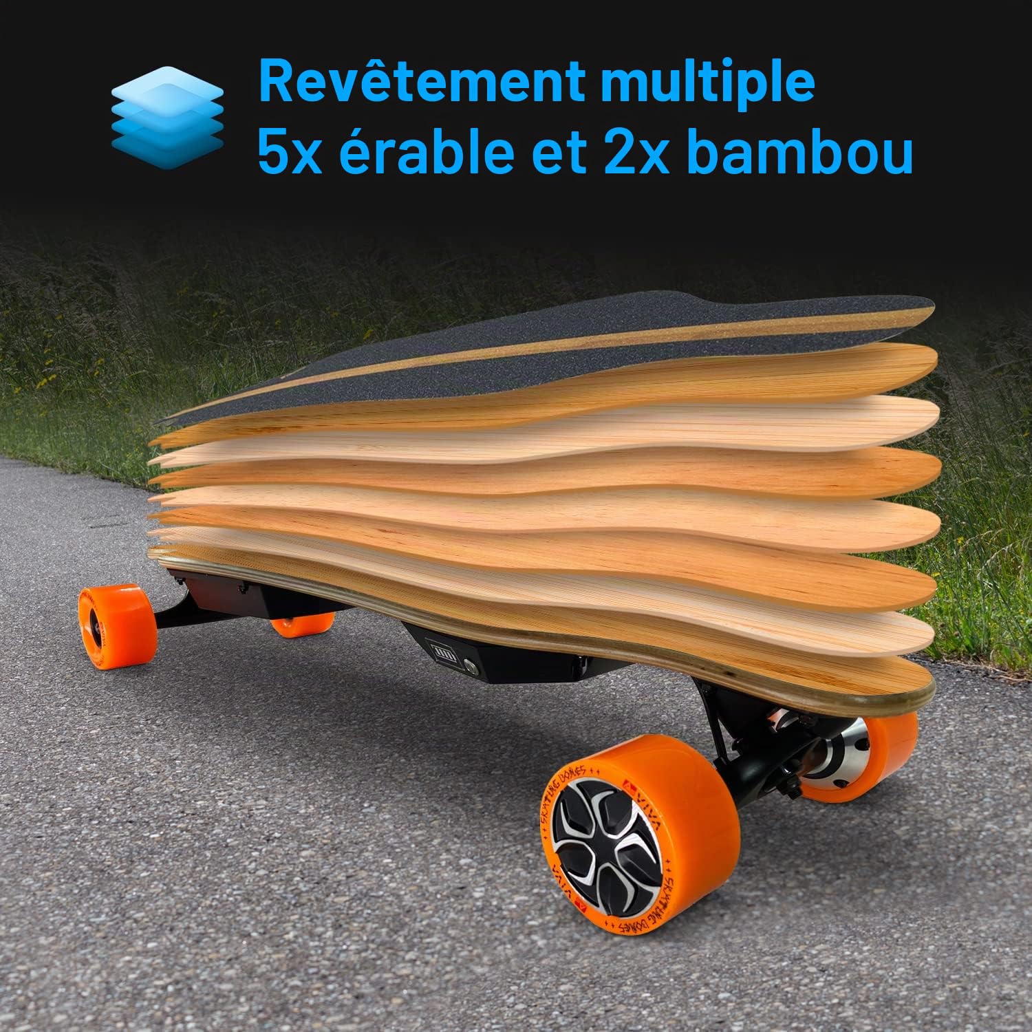 AsVIVA Longboard électrique LB1 : Skateboard électrique avec télécommande, portée 25 km jusqu'à 35 km/h, inclinaison de 20°, longboard de 93 cm avec moteur, batterie au