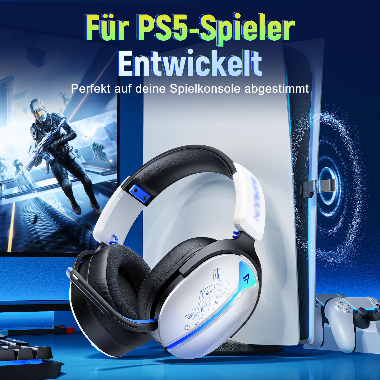 Gaming Headset Wireless, Headset mit Mikrofon für ps5 ps4, PC, Switch, Bluetooth 5.3, 7.1 Surround Sound, Extrem niedrige Latenz(<25ms), 40 Stunden, RGB Lichter, Weiß