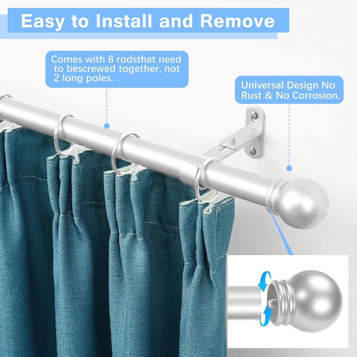 curtain rods for windows 16 to 120 inches, curtain rod max adjustable length of 132 in, 6/8" diameter drapery rods round finials, satin silver, pack of 1 120" - 6/8'' rod - 1 pack satin silver