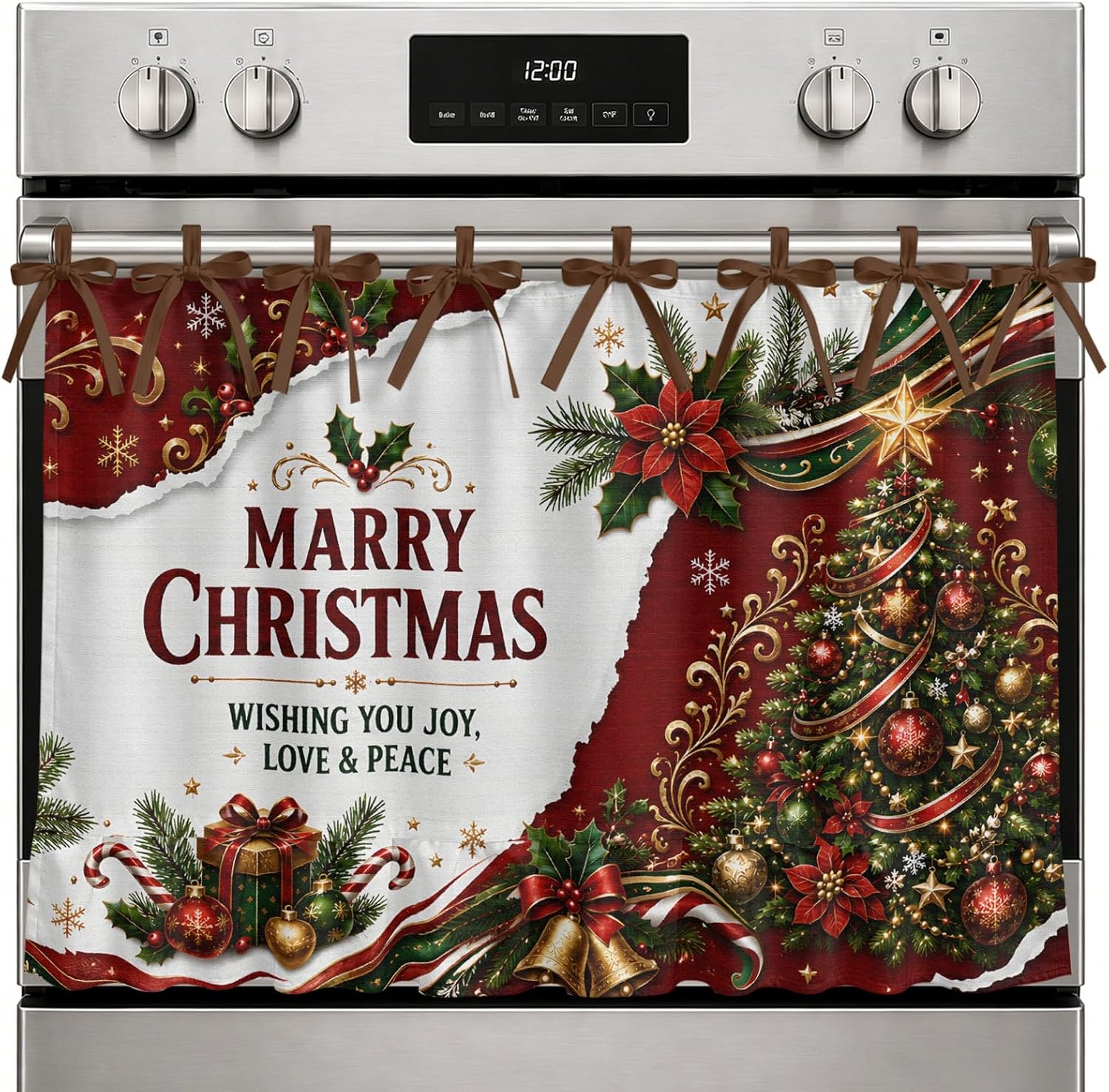 Merry Christmas Oven Curtain with Tie Top, Decorated Xmas Tree Golden Bells Wrapped Gift Box Oven Skirt Curtains with Tie Top Cabinet Cover Curtain for Small Kitchen Apartment Decor 27 x 20 Inches
