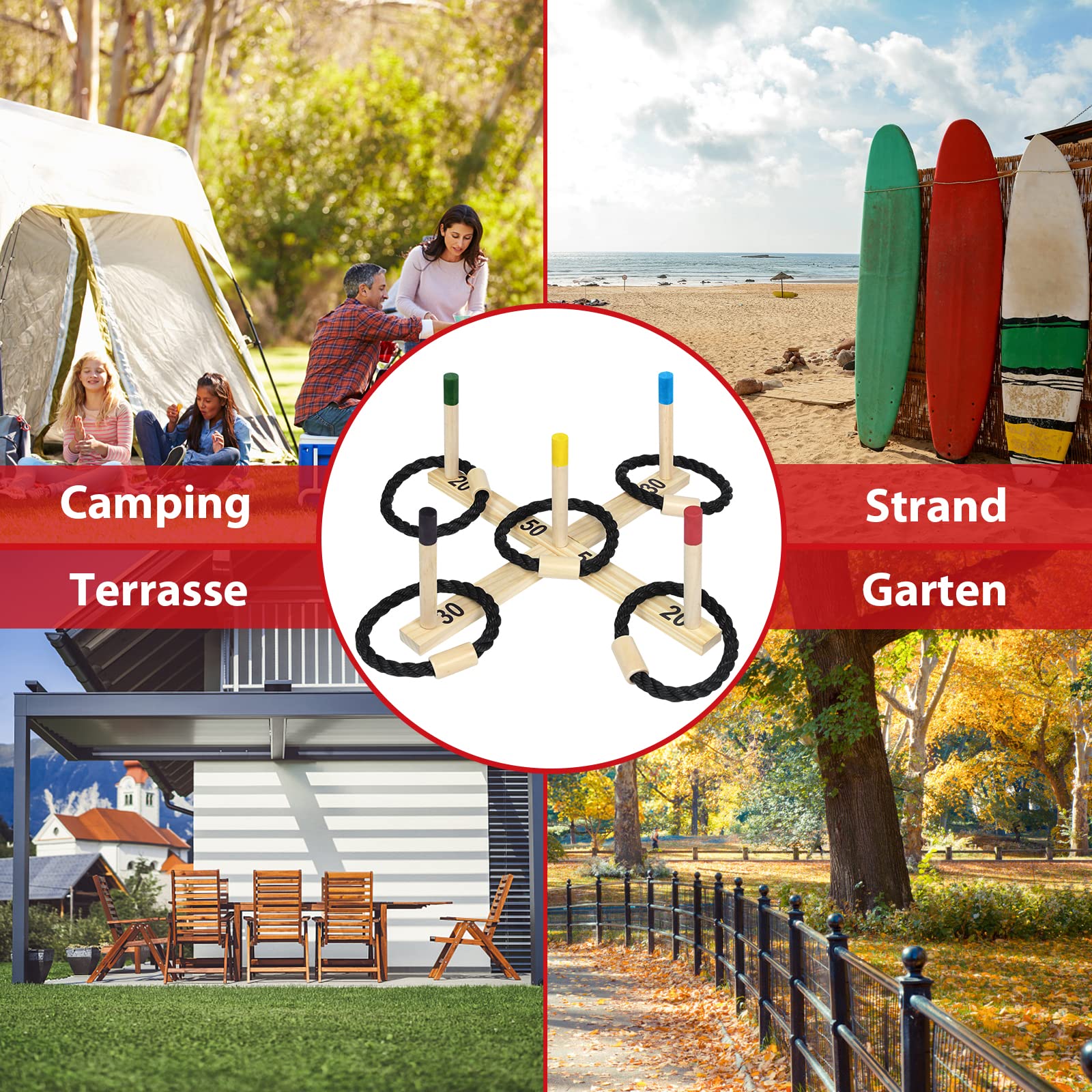 UISEBRT Pine Ring Throwing Game Garden Games Outdoor Throwing Game for Children and Adults with 5 Play Bars 5 Nylon Rings Game for Garden, Park, Home Party