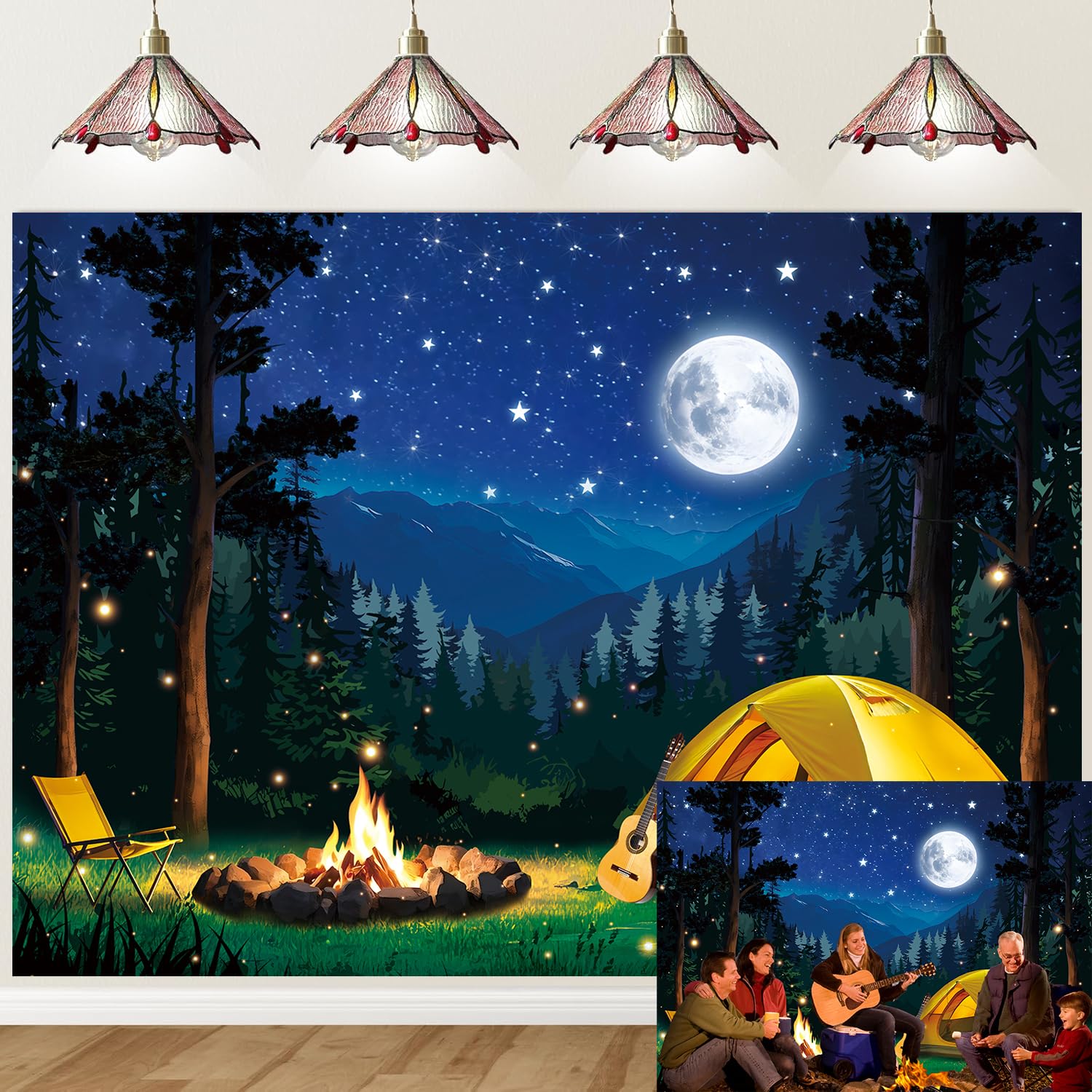Forest Scene Camping Backdrop Night Campfire Tent Camping Adventure Photography Background for Children Adults Baby Shower Camper Party Decoration