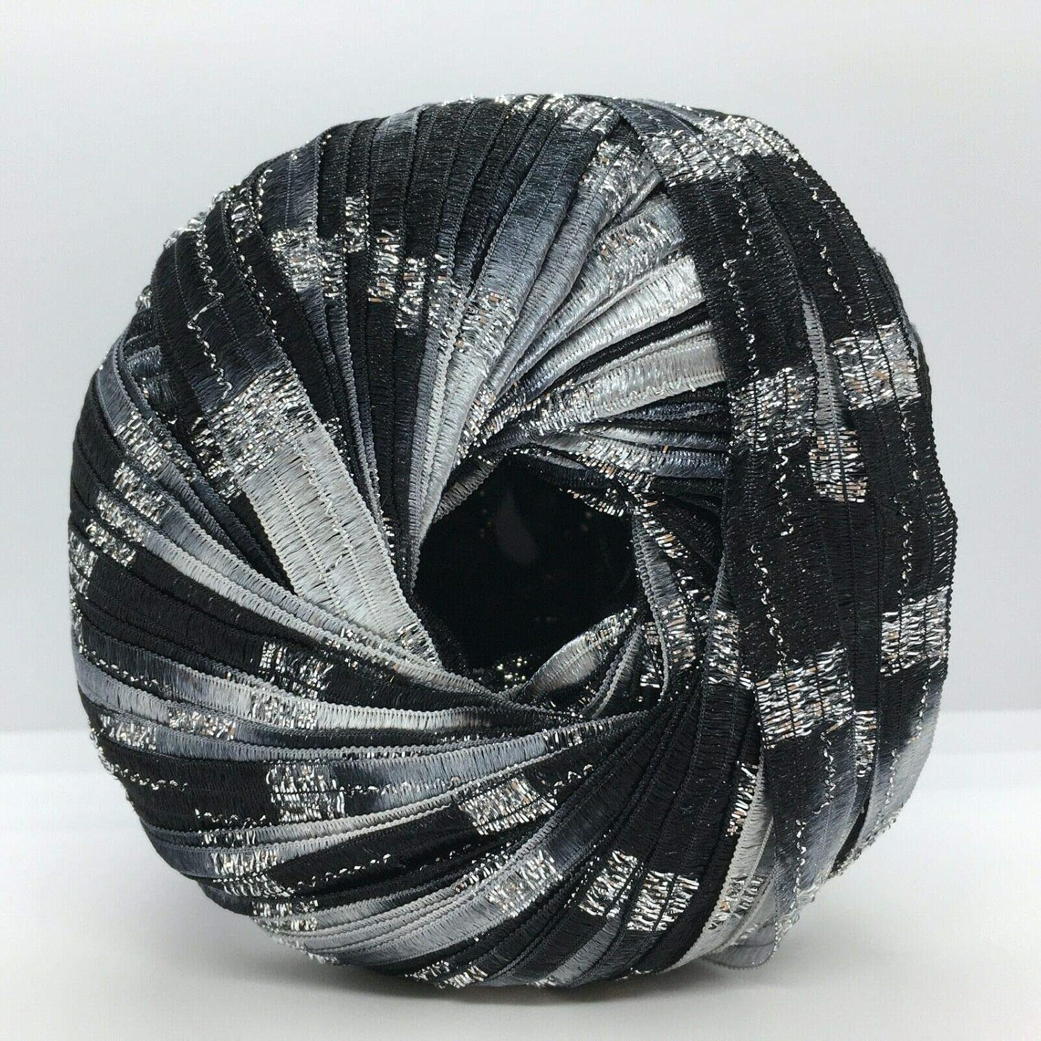 Memento Royale Berlini Glitter Ribbon Yarn 50 Gram, 88 Yards, 3/8 Wide #140 Zebra - Black, White with Silver Metallic