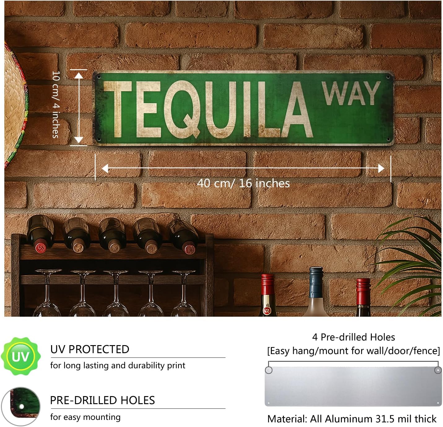 Tequila Way Street Sign – All-Aluminum Vintage Rustic Metal Sign 4x16 Inches, Funny Wall Art for Kitchen, Home Bar, or Outdoor Patio Decor