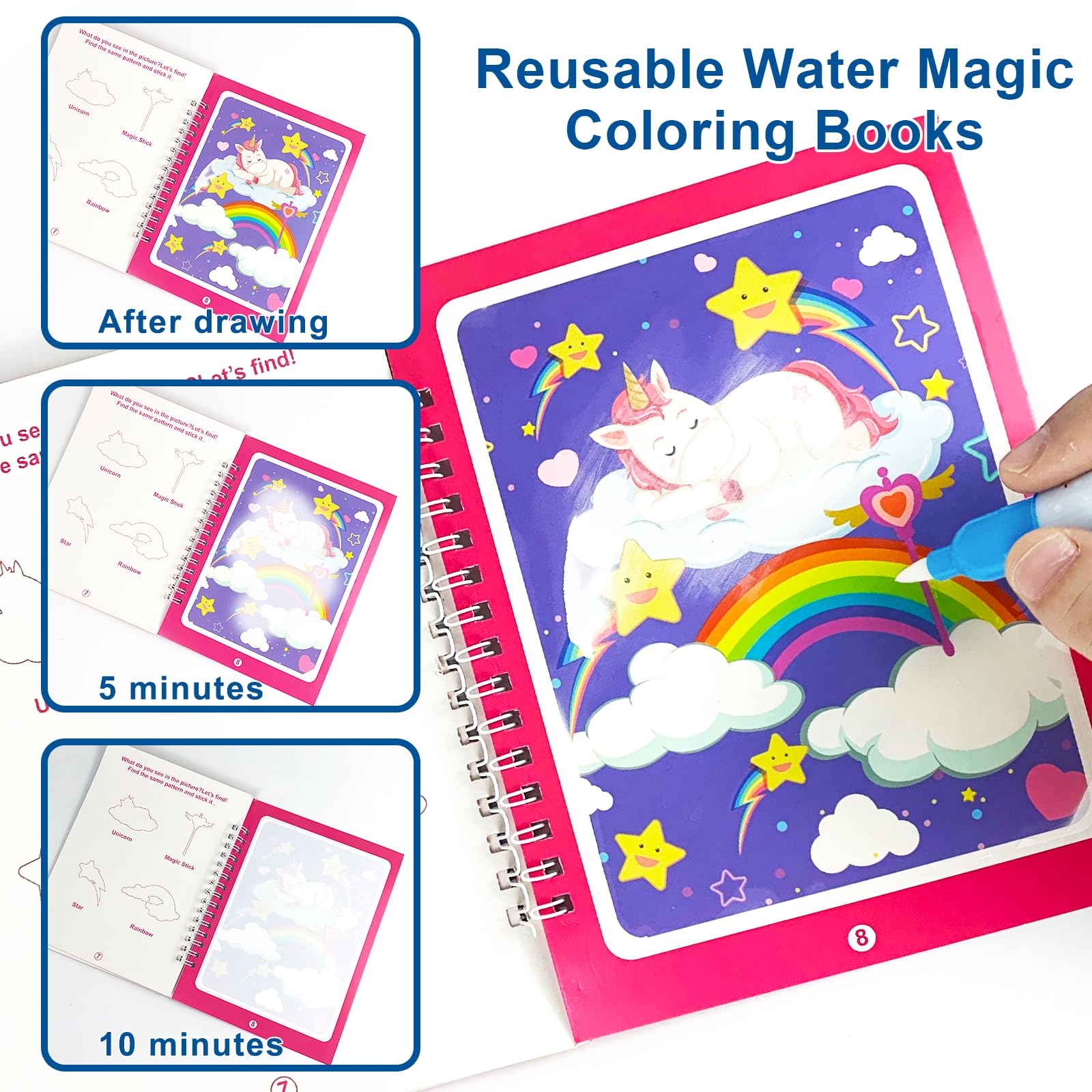 Tangdudu 6 Pieces Magic Water Colouring Books Reusable Water Painting Books for Children with 6 Pieces Water Pen - Image 3