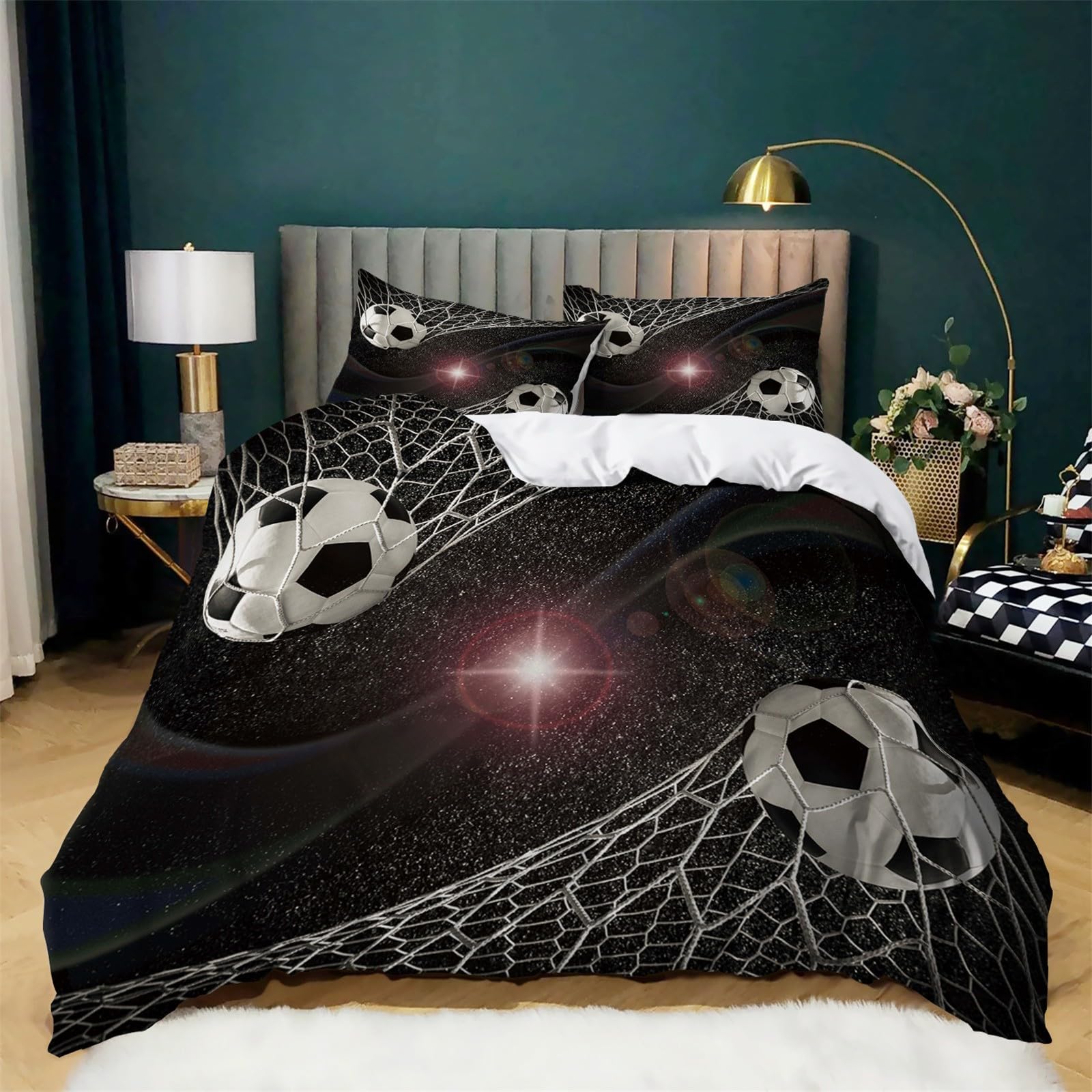 Duvet Cover Sets Double - Soft & Breathable Brushed Microfibre Starry Sky Football Into The Net Competitive Games Duvet Cover with 2xPillowcases - Zipper Closure Quilt Cover, Easy Care Bedding Set