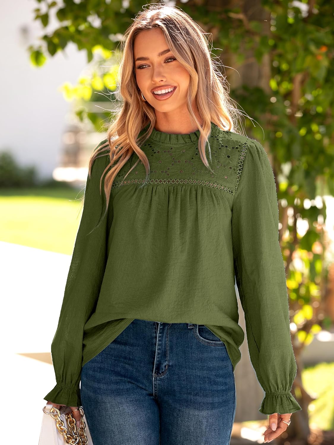 Simplee Womens Eyelet Long Sleeve Tops Crochet Boho Lace Blouses for Women Dressy Casual Work Fall Trendy Shirts - Image 4