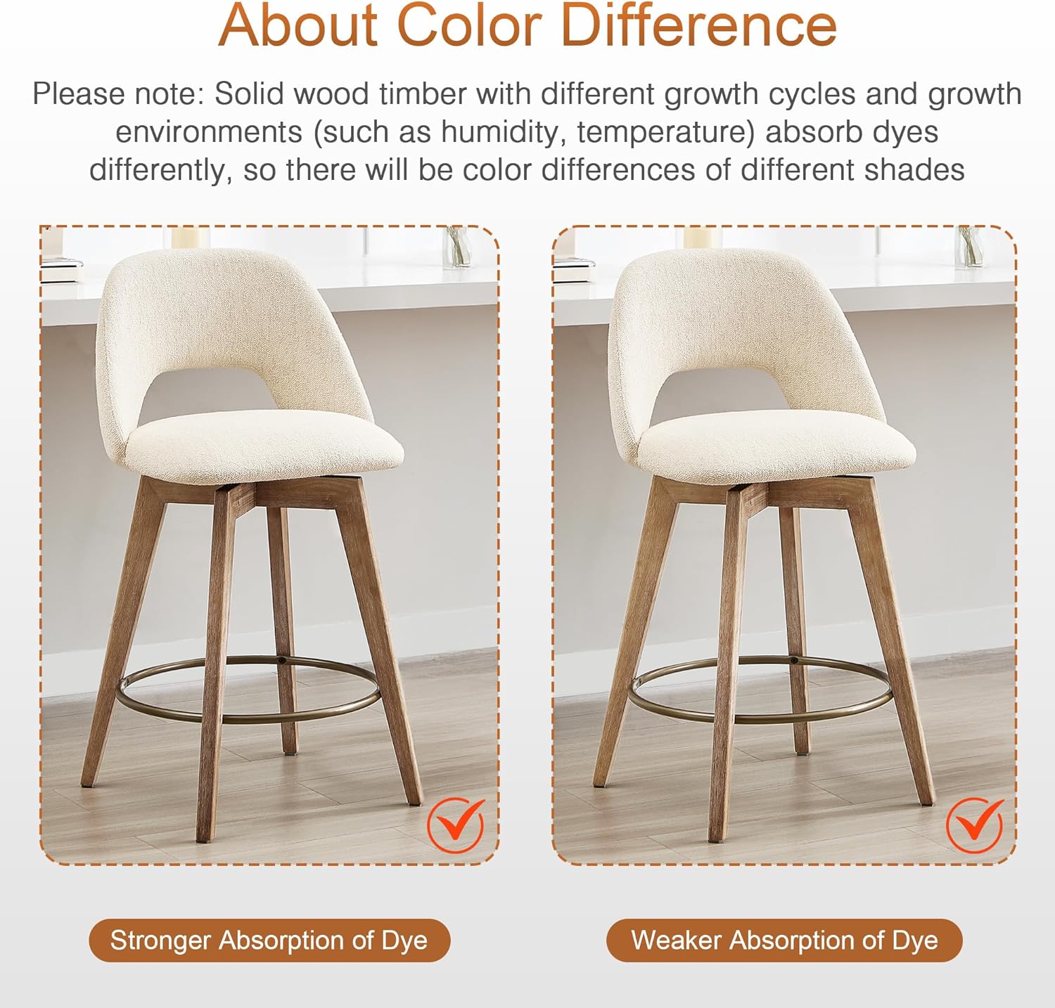 Zesthouse Swivel Wooden Bar Stools Set of 4, 26" Modern Counter Height Stools with Back & Solid Wood Legs, Upholstered Beige Linen Barstools Counter Height, Mid Century High Chairs for Kitchen Island