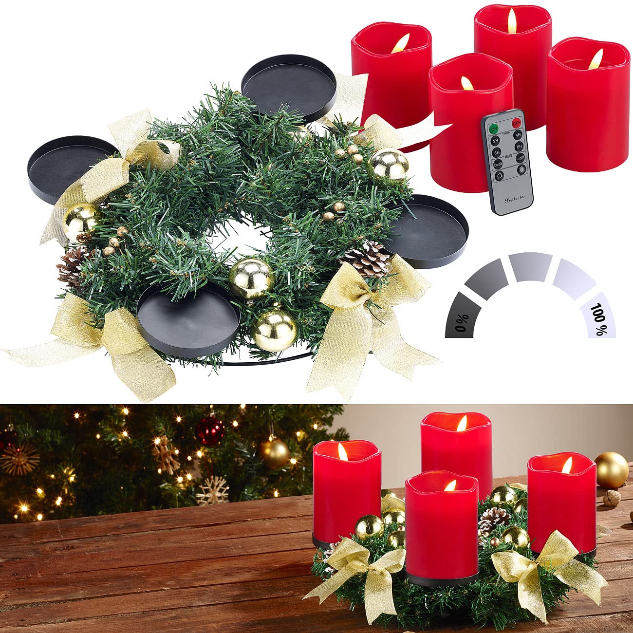 Advent Kranz: Adventskranz mit goldfarbenem Schmuck, inkl. LED-Kerzen in rot (Adventskranz für Senioren, Adventskranzgestecke, Weihnachten)
