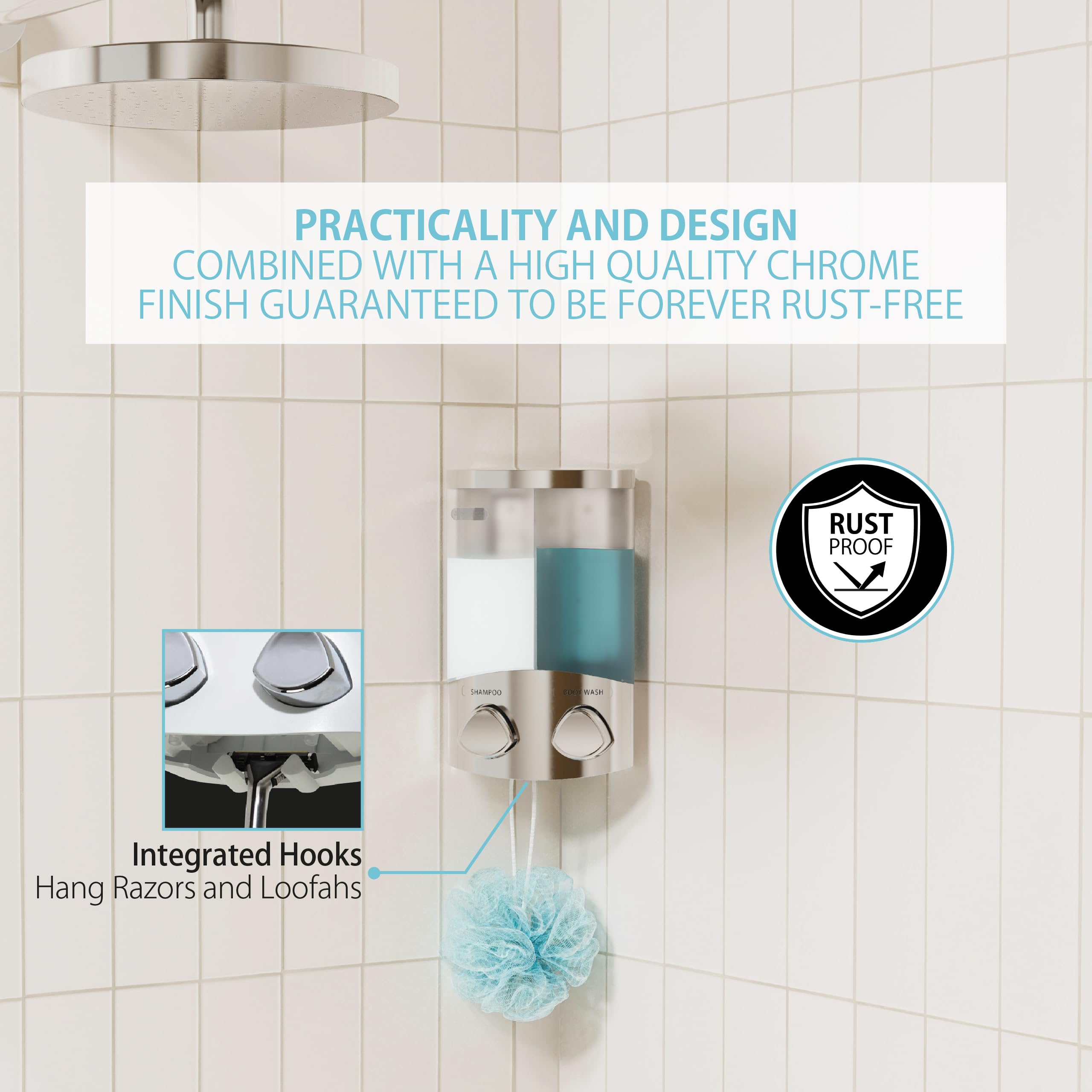 Better Living Seifen-, Duschgel- und Shampoo-Spender, in Chrom-Finish, ABS-Kunststoff, Chrome, 2-Chamber | Wandhalterung, integrierte Aufbewahrungshaken, Eck- oder flache Wandmontage, kein Bohren