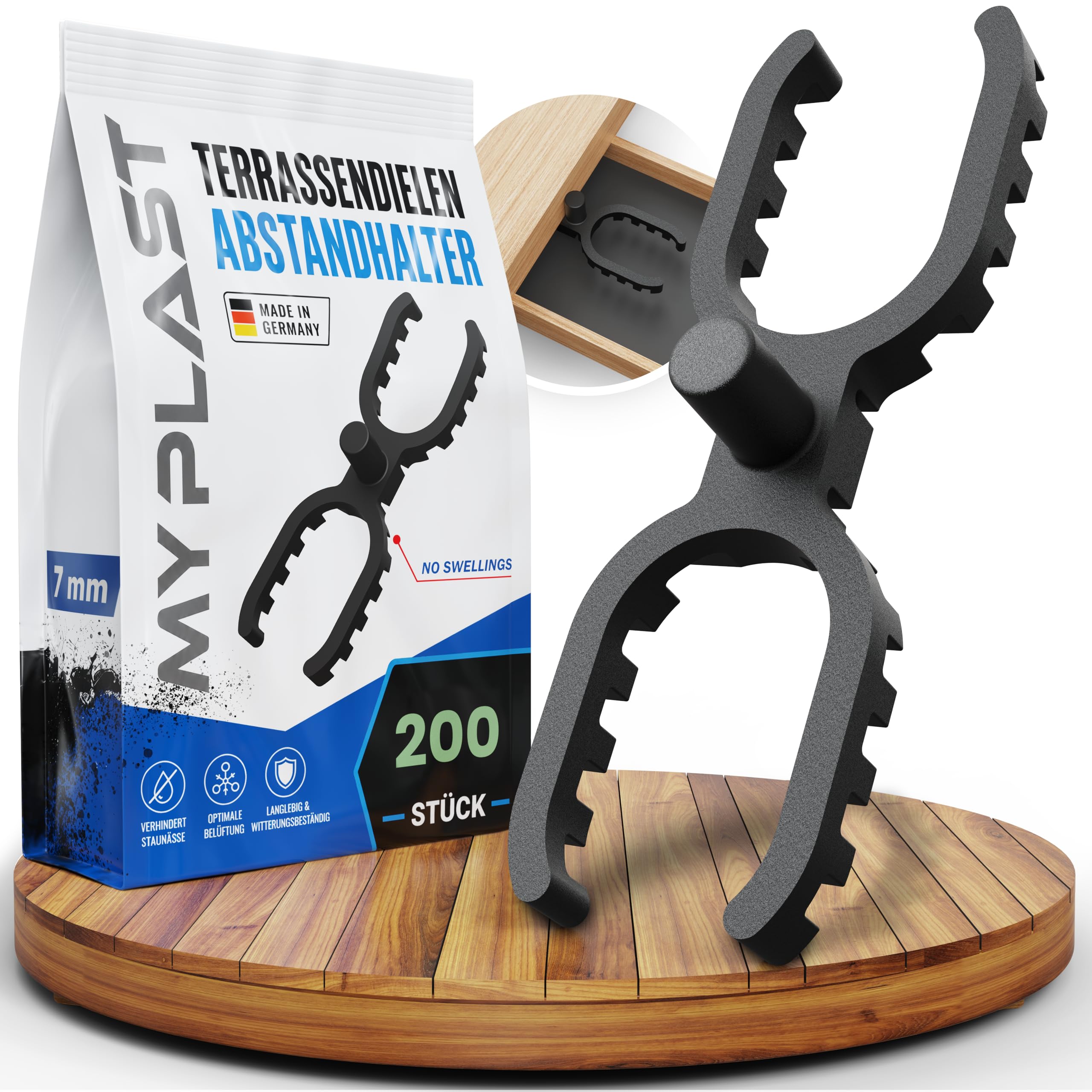 My Plast Terrassendielen Abstandhalter I 7 mm Fugenbreite - 200 Stück - offen geriffelt I Kunststoff Unterkonstruktion, verbessert Abfluss & Belüftung, Polyamid & Glasfasermaterial, Bauzubehör