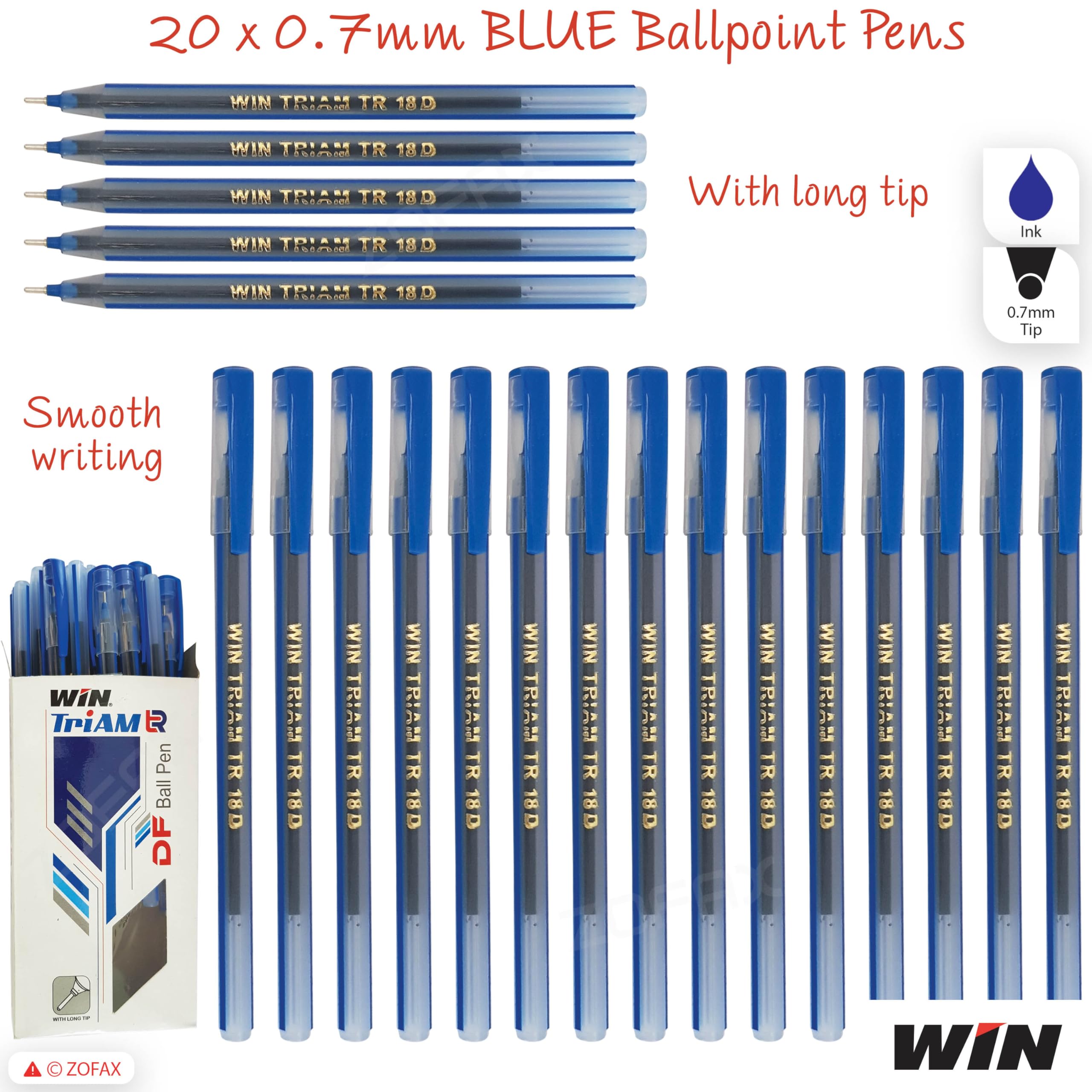 TriAM DF Ballpoint Pens, BLUE, Fine Point (0.7mm), Pack of 20, Smooth Fine Ball Pens, Trio Grip - Image 2