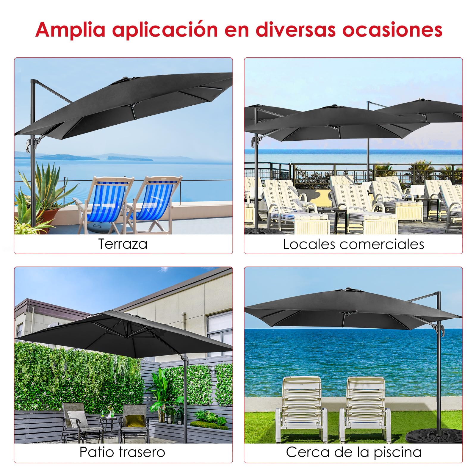 COSTWAY Sombrilla Terraza Exterior 3x3M con Base Cruzada, Sombrilla Rectangular 3 Inclinaciones, Rotación 360°, Parasol Excentrico Grande Jardin Terraza Playa Exterior