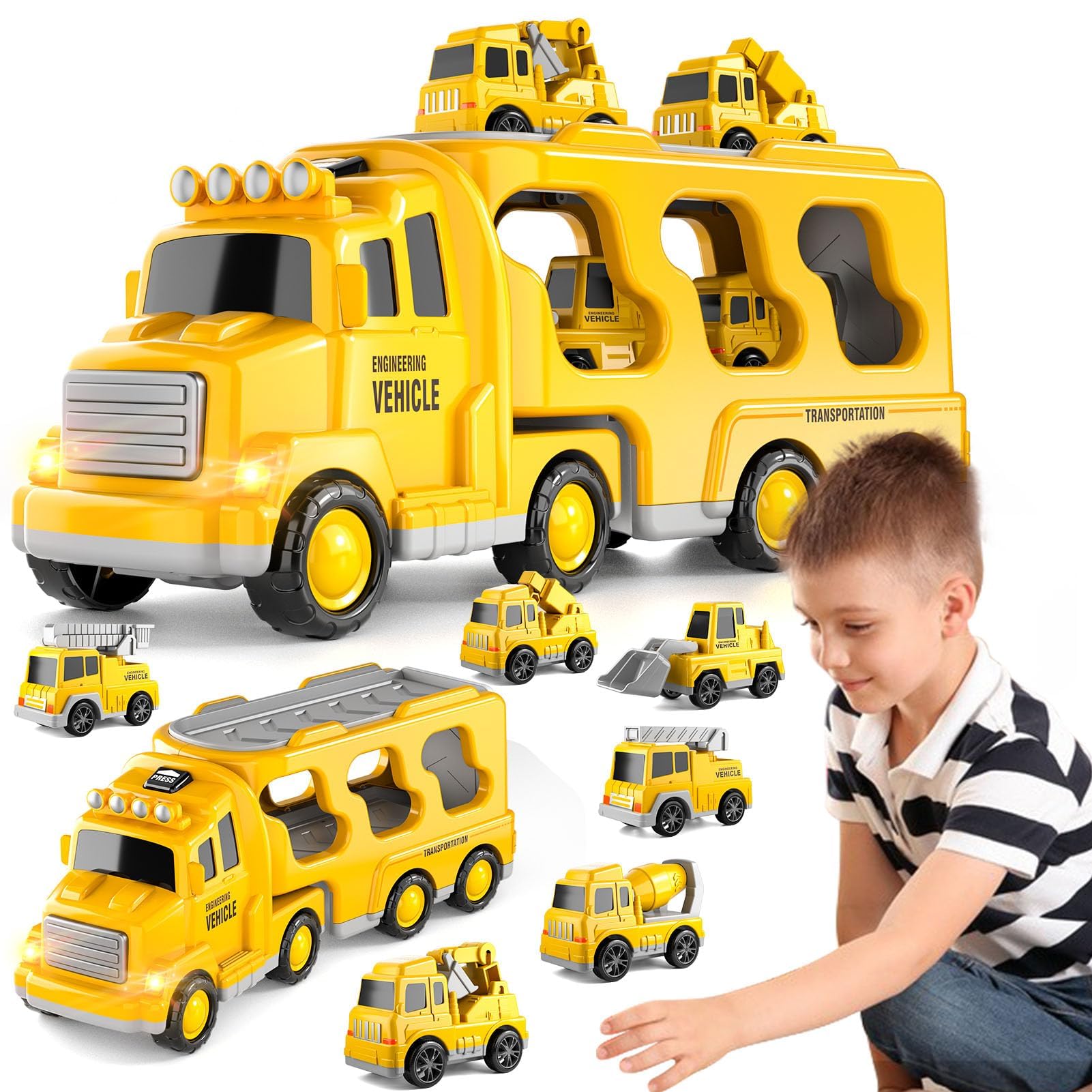 Toys Truck de Transport für 3-6 Jahre, Feuerwehr 7 in 1 mit Klang und Licht Truck Spielzeug Kind Auto Geschenk Geburtstag Fahrzeuge, Reibung Kraft Spielzeug für Jungen Mädchen 1 2 3 4 5 6 Jahre