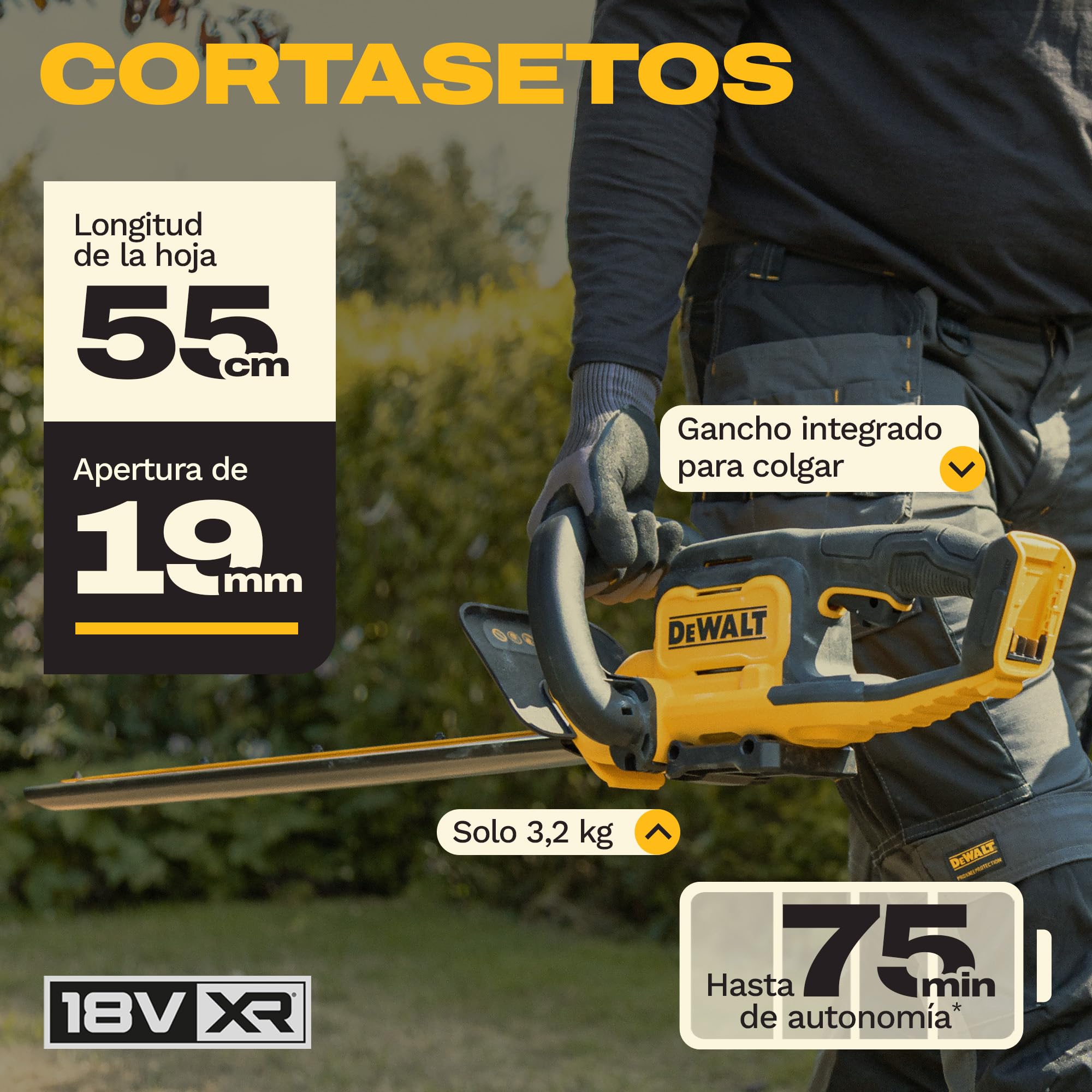 DEWALT Cortasetos 18V XR, diseñado para Cortes rápidos y precisos con su Robusta Cuchilla de 55 cm y Espacio de 19 mm, DCMHT562N-XJ.