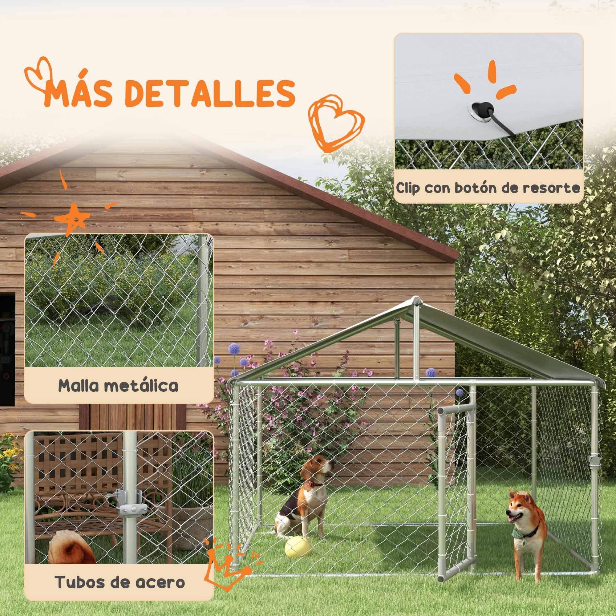 PawHut Perrera Jaula de Exterior para Perros Medianos Parque para Perros con Cerradura Marco de Acero Toldo Impermeable y Anti-UV 200x200x150 cm Plata