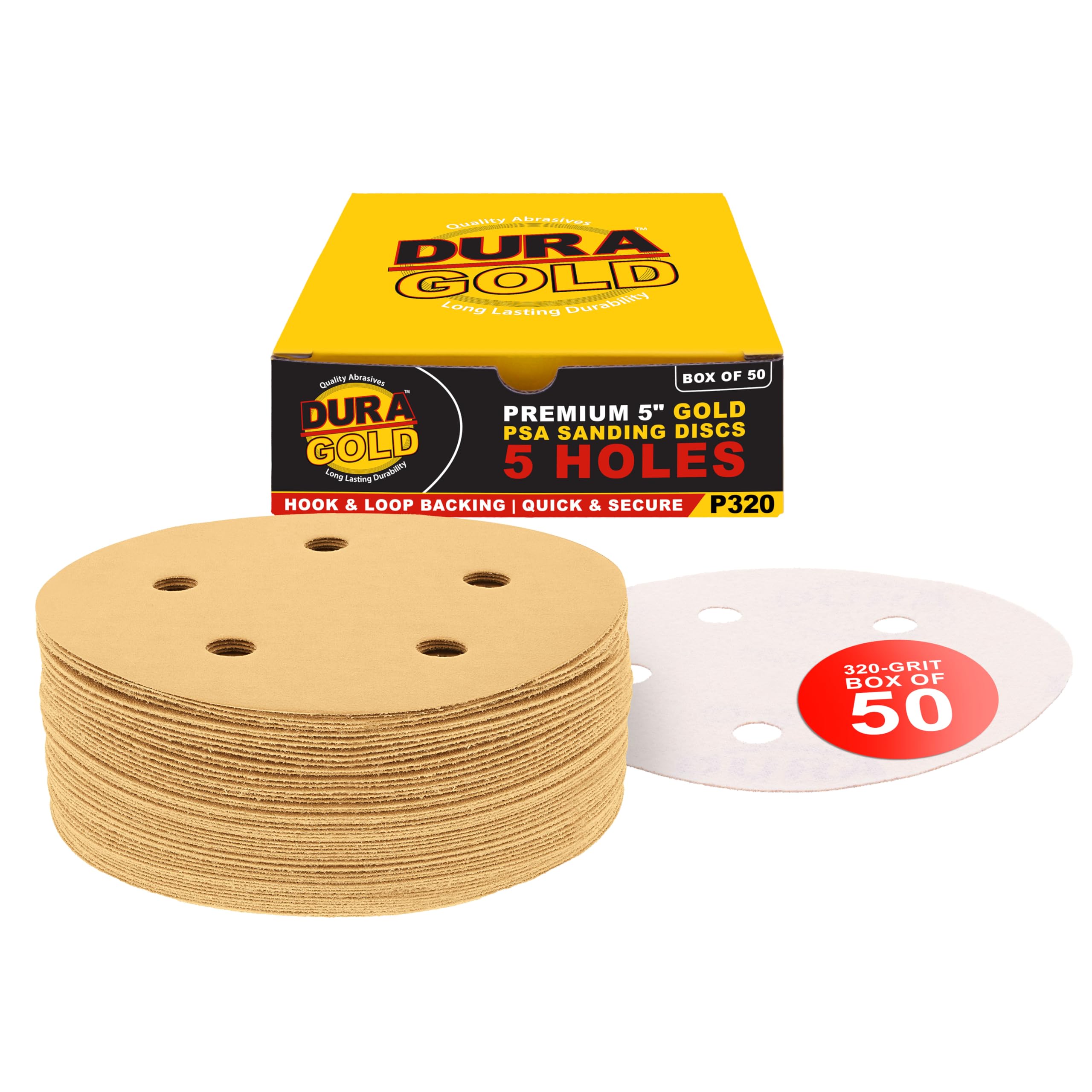 Dura-Gold - Premium - 320 Grit - 5" Gold Sanding Discs - 5-Hole Dustless Hook and Loop for DA Sander - Box of 50 Finishing Sandpaper Discs for