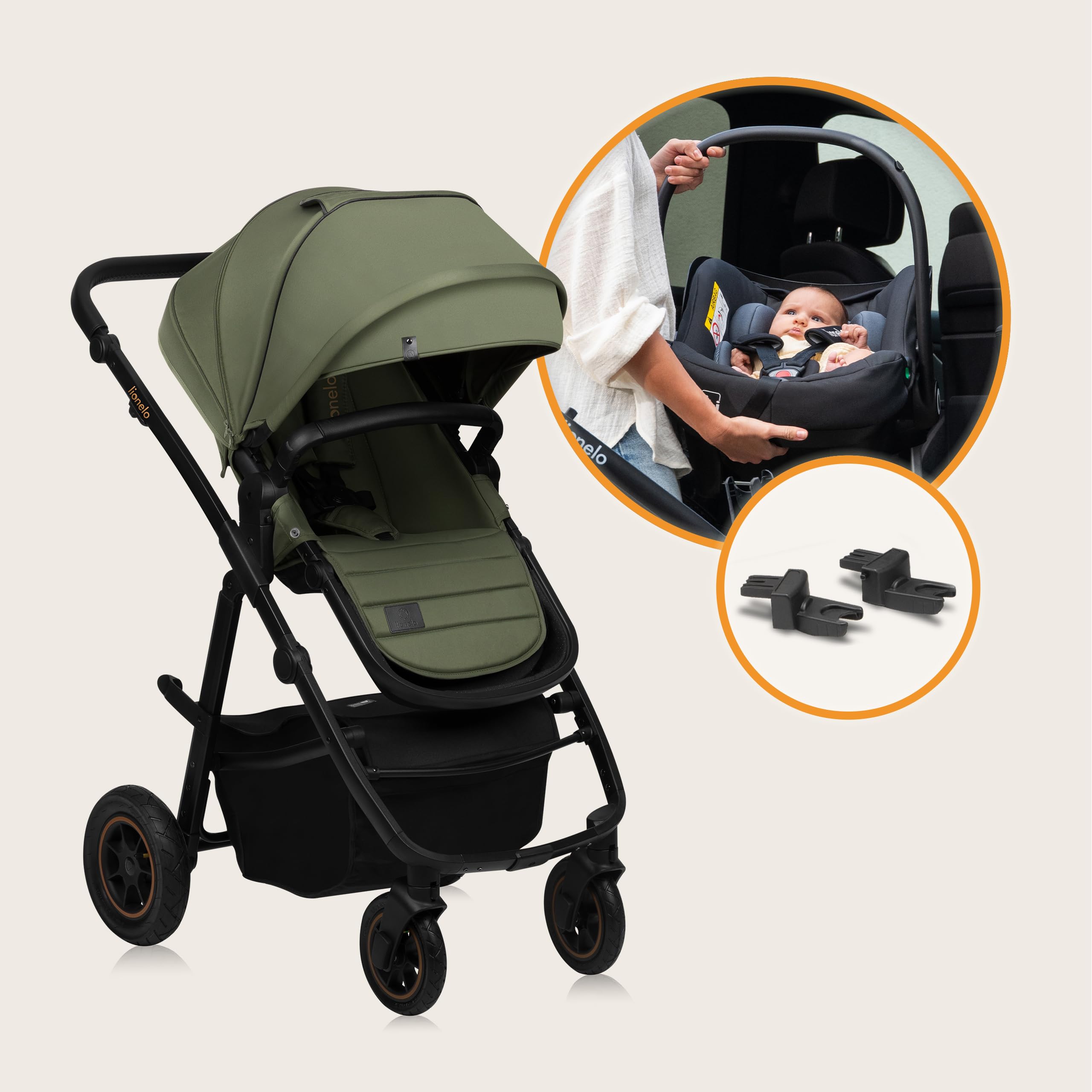 LIONELO AMBER PLUS 2 w 1 Spacerowy Wózek Dziecięcy od 0 do 4 lat do 22kg z Gondolą XL, Regulacja Oparcia, 5 Punktowe Pasy Duże Terenowe Koła 360o Budka XXL Amortyzacja Spacerówka (Zielony)
