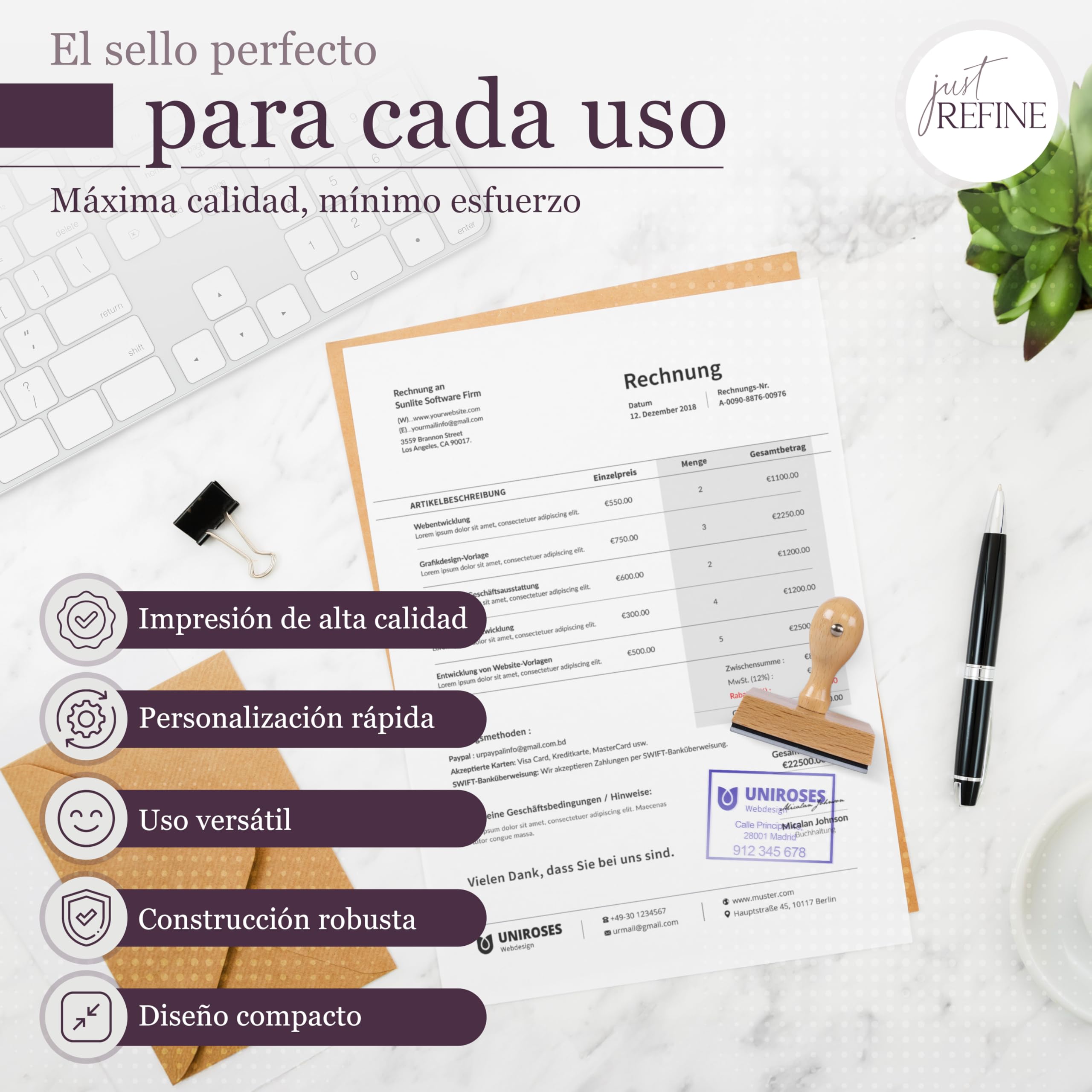 Sello Personalizable con Logotipo o Texto: Sello de Empresa, Dirección y Fecha en Madera - Varios Tamaños Disponibles, Diseñe a Su Medida (30 mm)