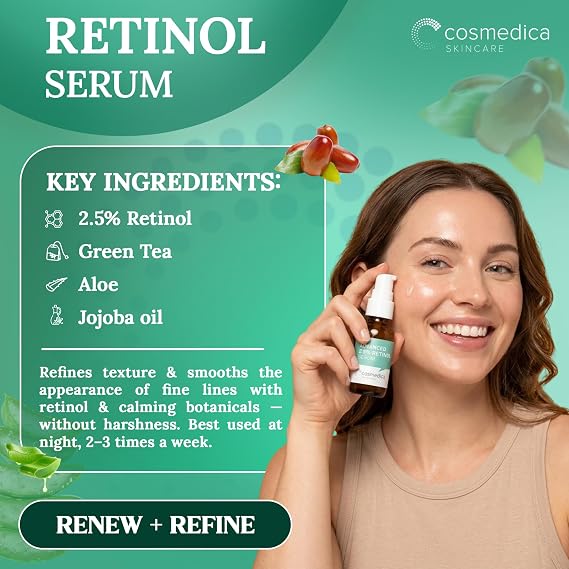 Cosmedica Skincare Face Serum Set Vitamin C, 2.5% Retinol & Hyaluronic Acid Serums for Anti-Aging, Brightening, Hydration & Wrinkle Reduction, Vegan & Cruelty Free (3 x 1 oz)