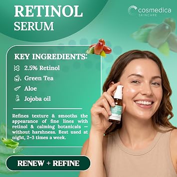 Cosmedica Skincare Face Serum Set Vitamin C, 2.5% Retinol & Hyaluronic Acid Serums for Anti-Aging, Brightening, Hydration & Wrinkle Reduction, Vegan & Cruelty Free (3 x 1 oz)
