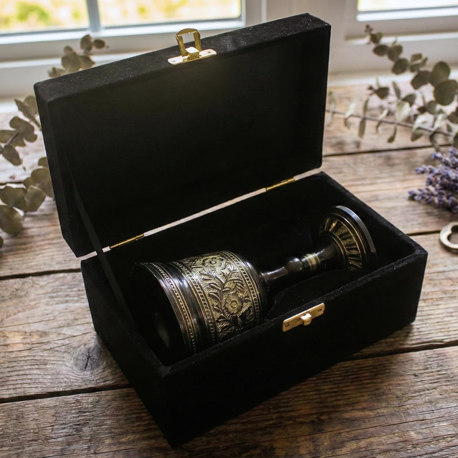 Brass Chalice Goblet Gift Set with Premium Black Velvet Box, 6 Inch Vintage Engraved Brass Wine Goblet, Handmade Decorative Medieval Style Chalice for Home Décor, Ceremonial Use & Gifting