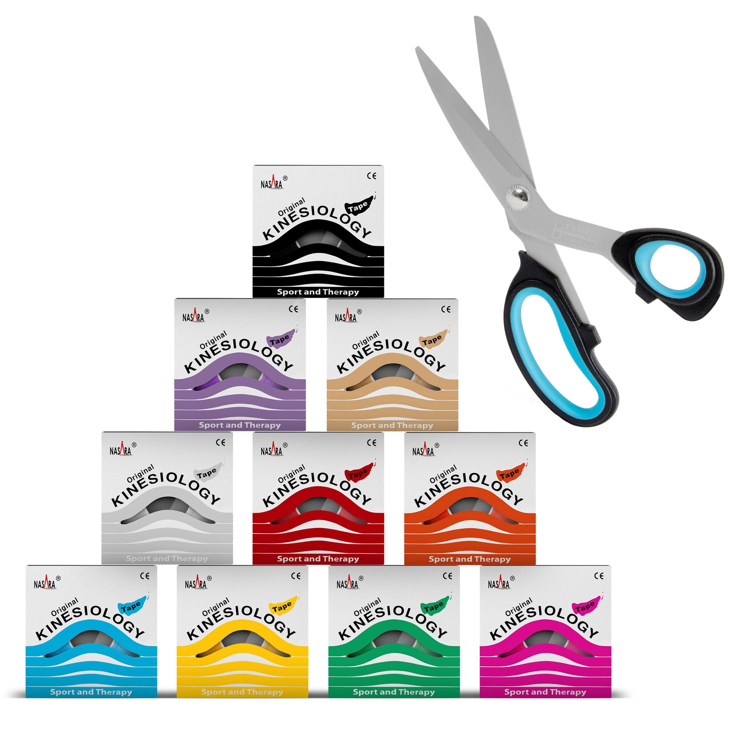 10x NASARA Kinesiologie Tape kinesiologische Tapes + BEXFIELD titaniumbeschichtete Spezial-Tape-Schere 10 Farben im Set 5m x 5cm | Set mit 10 Farben und titaniumbeschichteter Spezialschere, ideal für Sport, Therapie und Kinesiologie-Anwendungen