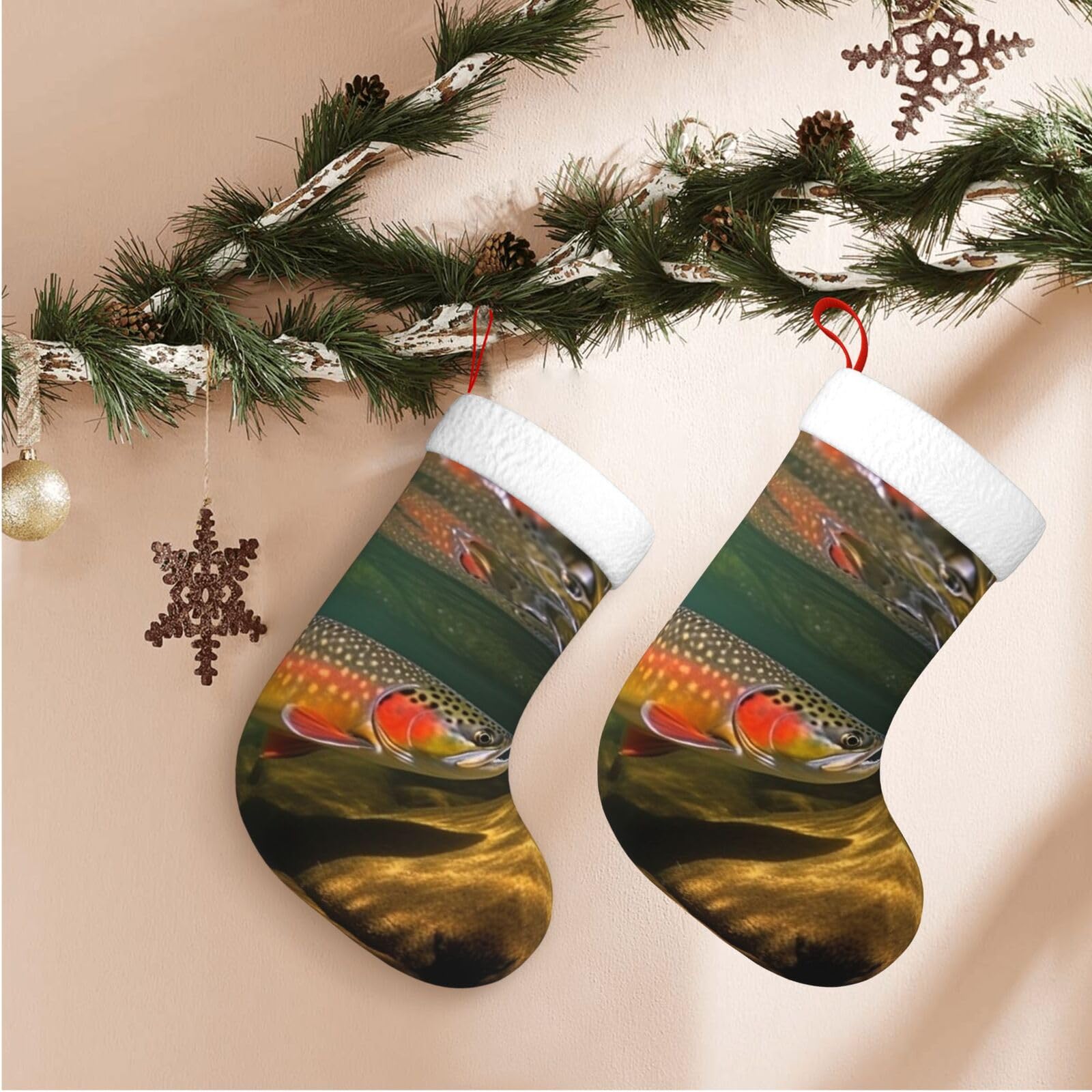 Fodpand Boys Black Brook Trout Fly Fishing Christmas Stockings Hanging Ornaments For Holiday Decor, 18 Inches Velvet Xmas Stocking With White Plush Cuff, Candy Gift Bags For Christmas Decorations