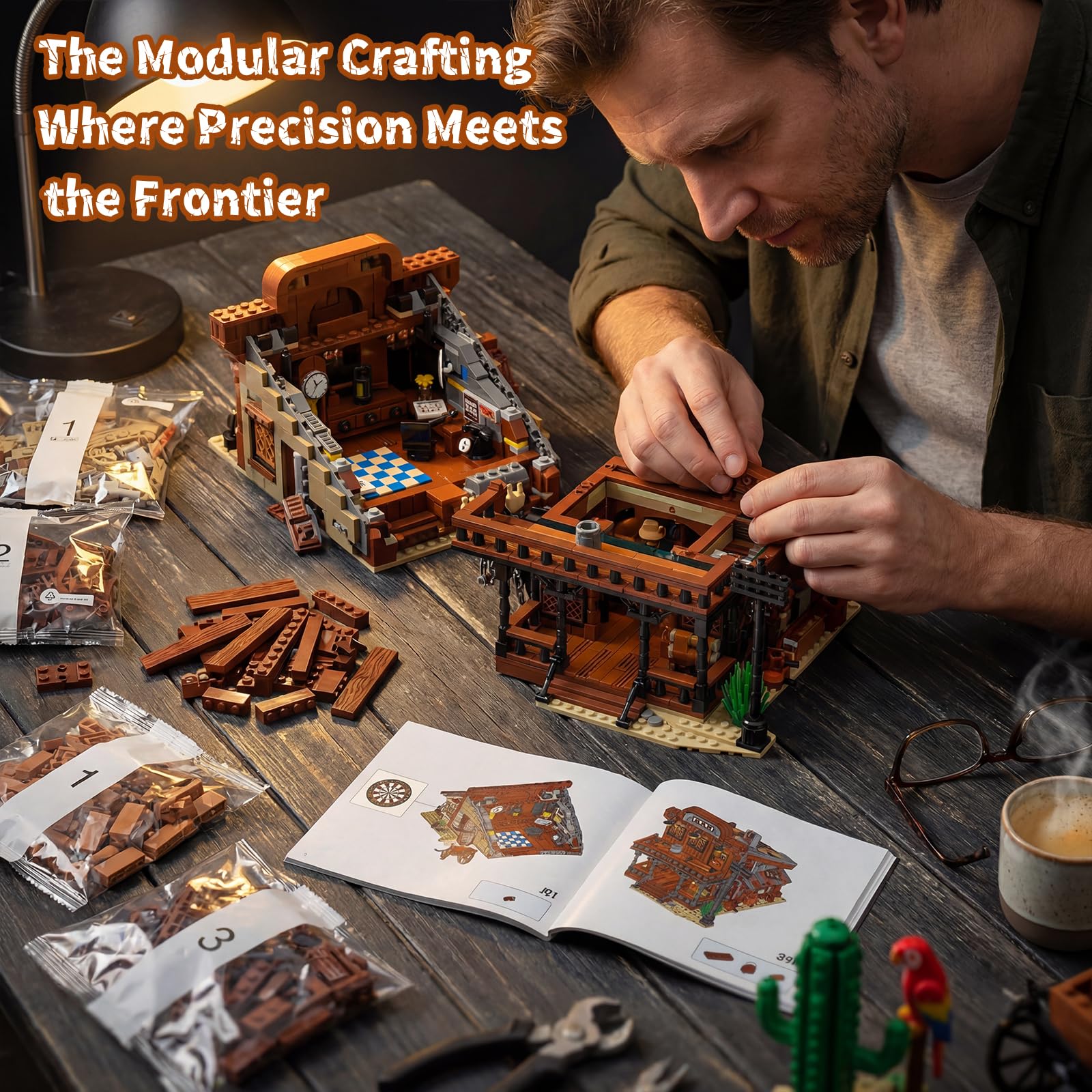 Western Cowboy Bar Modular Building Set, 1884 Teile Westernstadt Architektur mit Ställe und Pferde, Old West Klemmbausteine Haus, Sammlermodell für Erwachsene & Geschenk